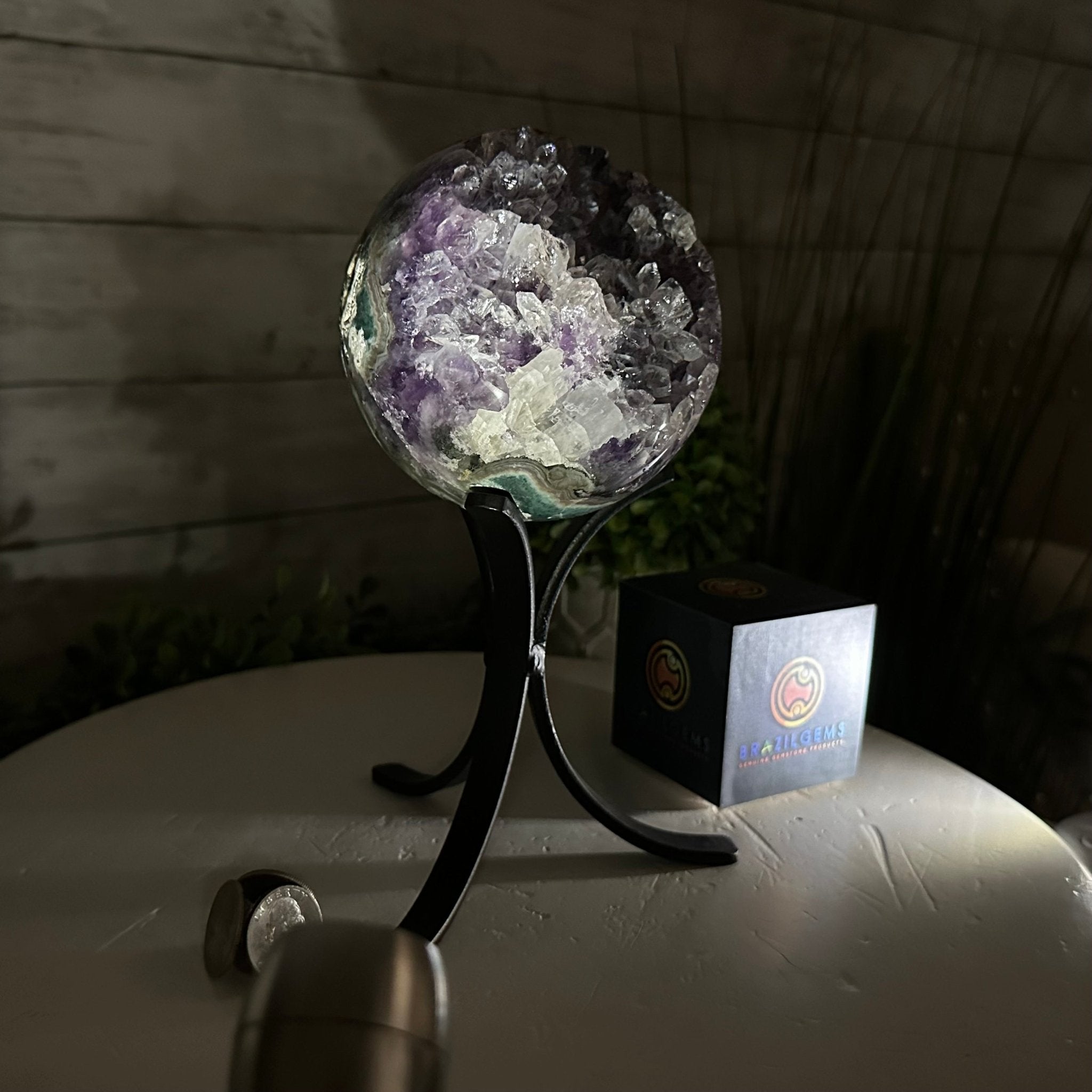 Druzy Amethyst Sphere on a Metal Stand, 3 lbs & 8.2" Tall #5630-0053 - Brazil GemsBrazil GemsDruzy Amethyst Sphere on a Metal Stand, 3 lbs & 8.2" Tall #5630-0053Spheres5630-0053