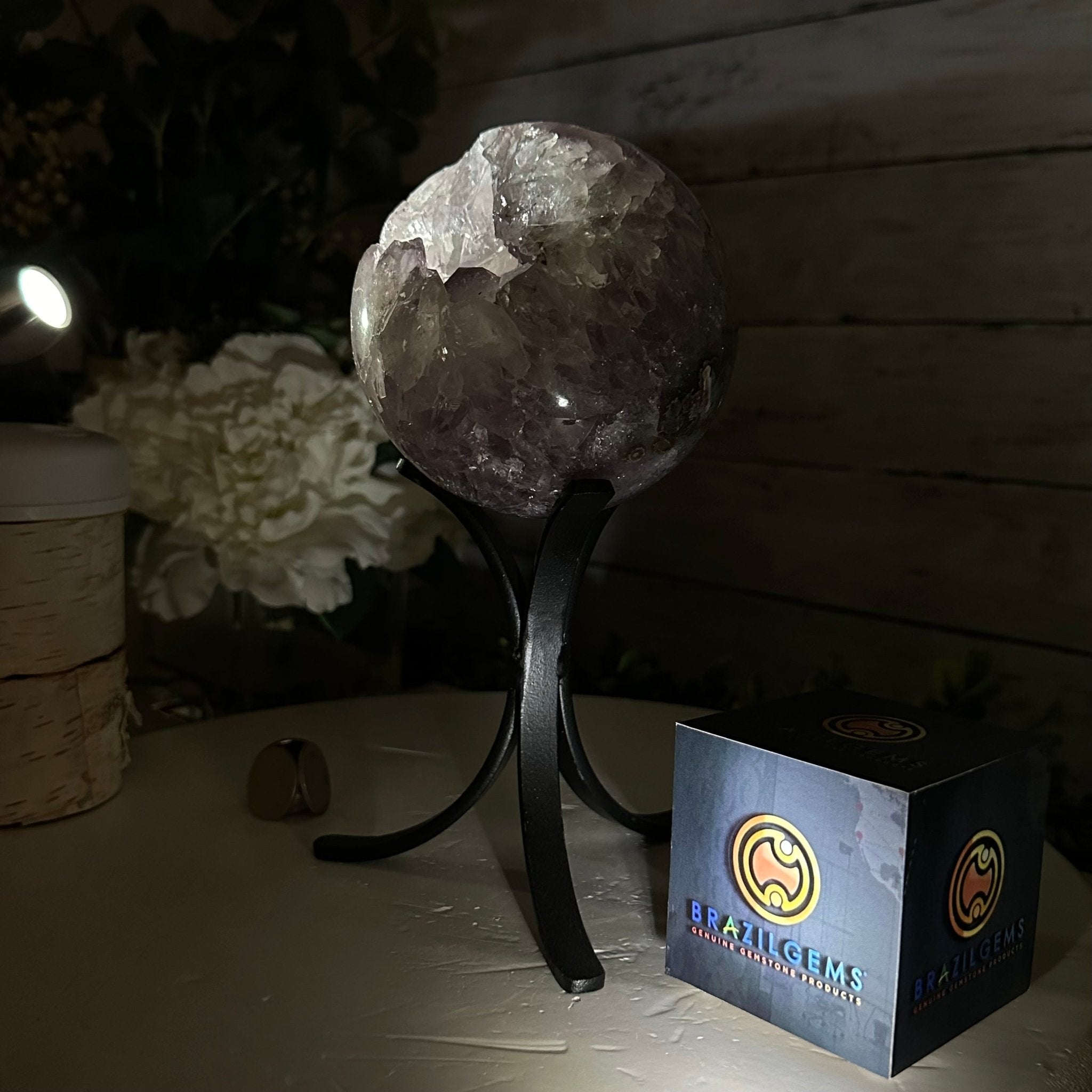 Druzy Amethyst Sphere on a Metal Stand, 3.4 lbs & 8.7" Tall #5630-0054 - Brazil GemsBrazil GemsDruzy Amethyst Sphere on a Metal Stand, 3.4 lbs & 8.7" Tall #5630-0054Spheres5630-0054