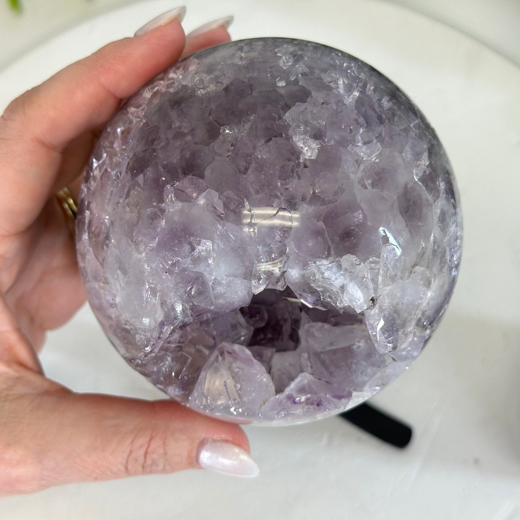 Druzy Amethyst Sphere on a Metal Stand, 3.4 lbs & 8.7" Tall #5630-0054 - Brazil GemsBrazil GemsDruzy Amethyst Sphere on a Metal Stand, 3.4 lbs & 8.7" Tall #5630-0054Spheres5630-0054