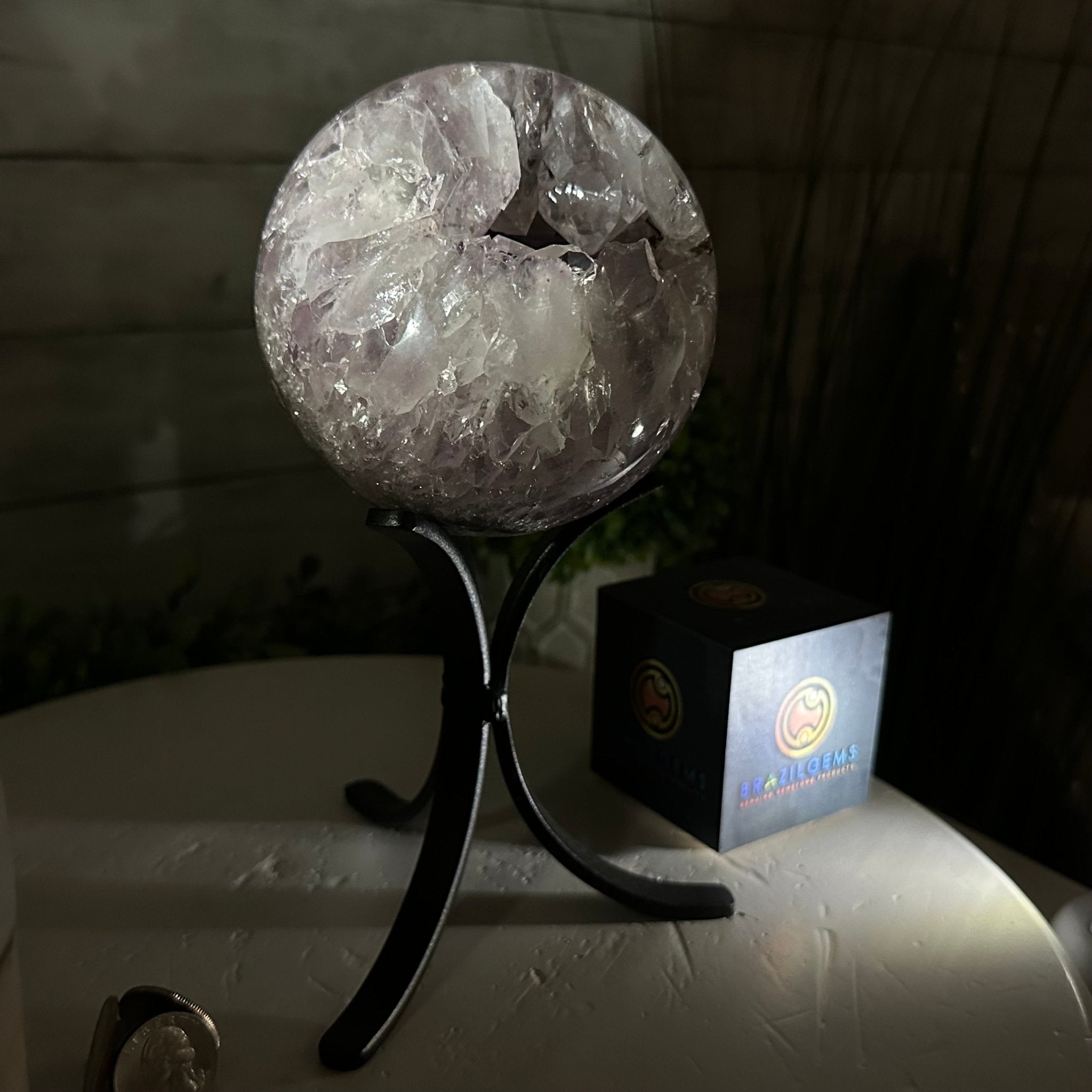 Druzy Amethyst Sphere on a Metal Stand, 3.4 lbs & 8.7" Tall #5630-0054 - Brazil GemsBrazil GemsDruzy Amethyst Sphere on a Metal Stand, 3.4 lbs & 8.7" Tall #5630-0054Spheres5630-0054