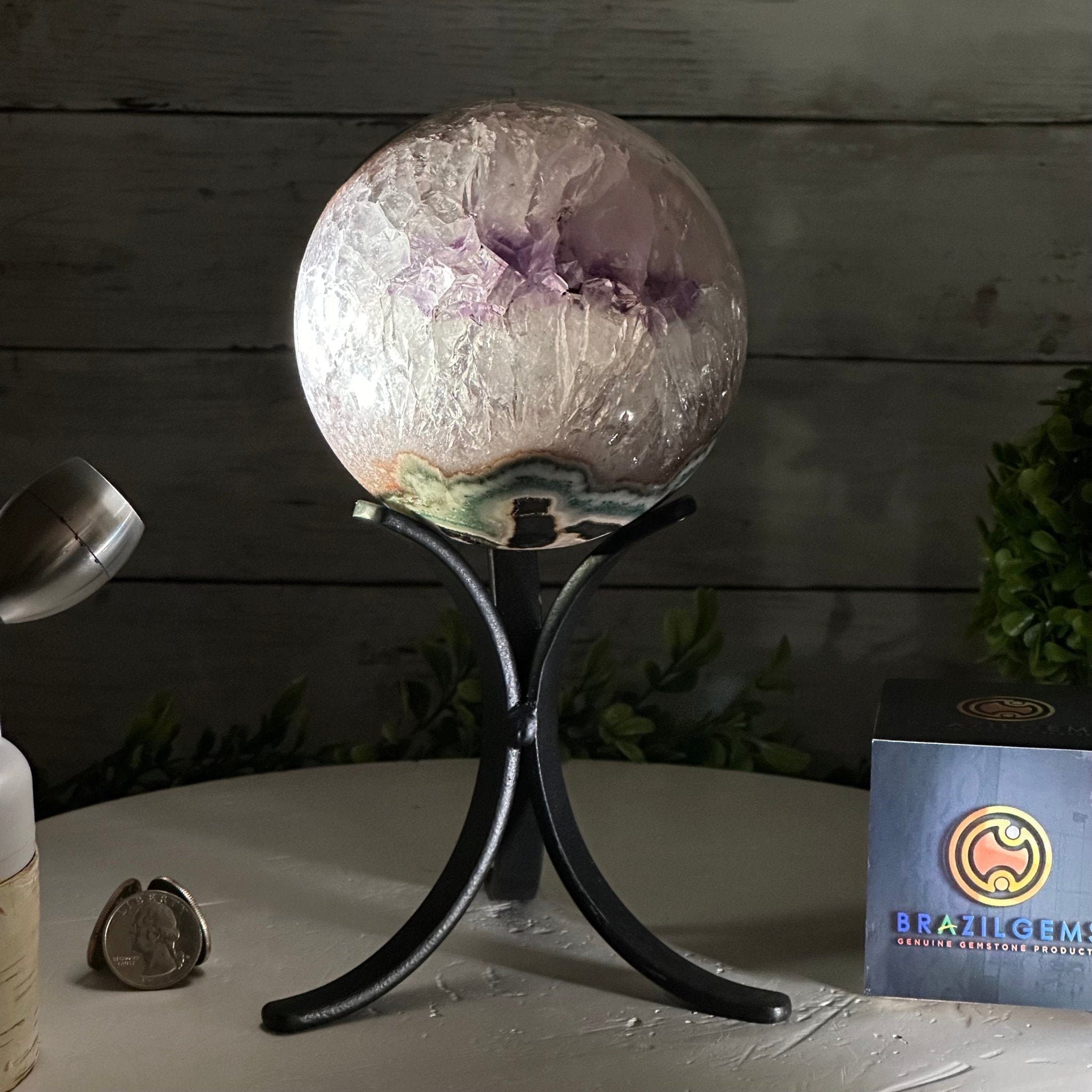 Druzy Amethyst Sphere on a Metal Stand, 3.8 lbs & 8.7" Tall #5630-0058 - Brazil GemsBrazil GemsDruzy Amethyst Sphere on a Metal Stand, 3.8 lbs & 8.7" Tall #5630-0058Spheres5630-0058