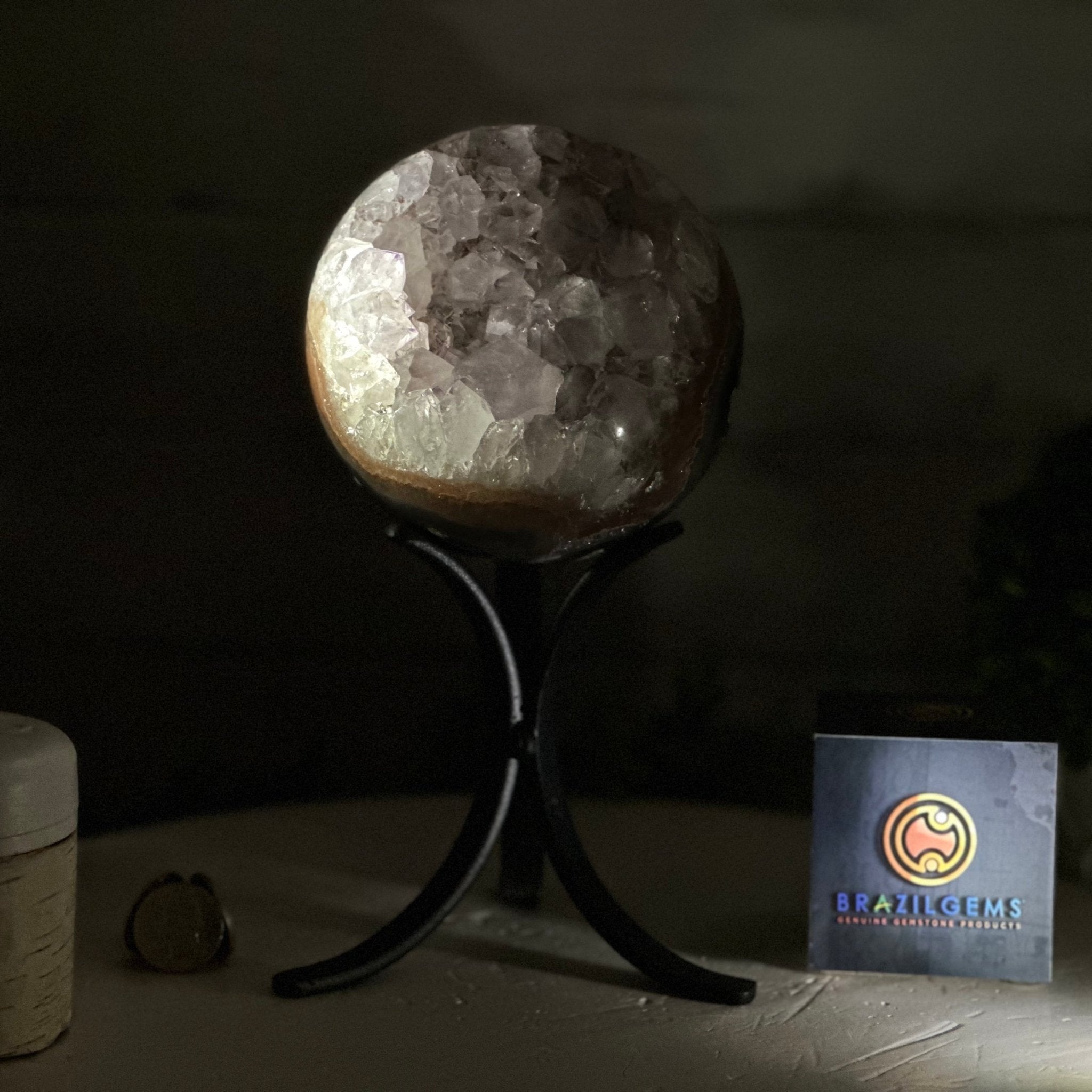 Druzy Amethyst Sphere on a Metal Stand, 4.1 lbs & 9" Tall #5630-0060 - Brazil GemsBrazil GemsDruzy Amethyst Sphere on a Metal Stand, 4.1 lbs & 9" Tall #5630-0060Spheres5630-0060