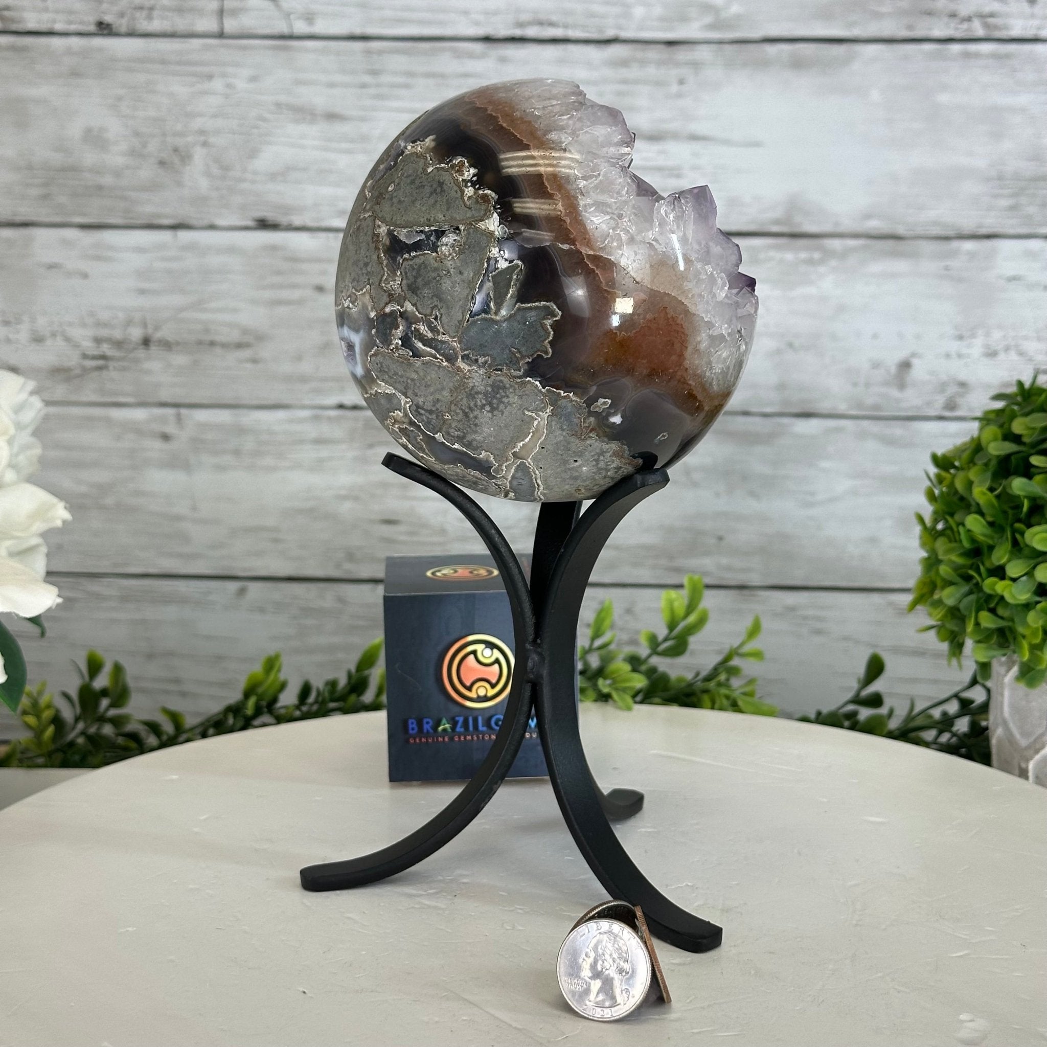 Druzy Amethyst Sphere on a Metal Stand, 4.1 lbs & 9" Tall #5630-0060 - Brazil GemsBrazil GemsDruzy Amethyst Sphere on a Metal Stand, 4.1 lbs & 9" Tall #5630-0060Spheres5630-0060