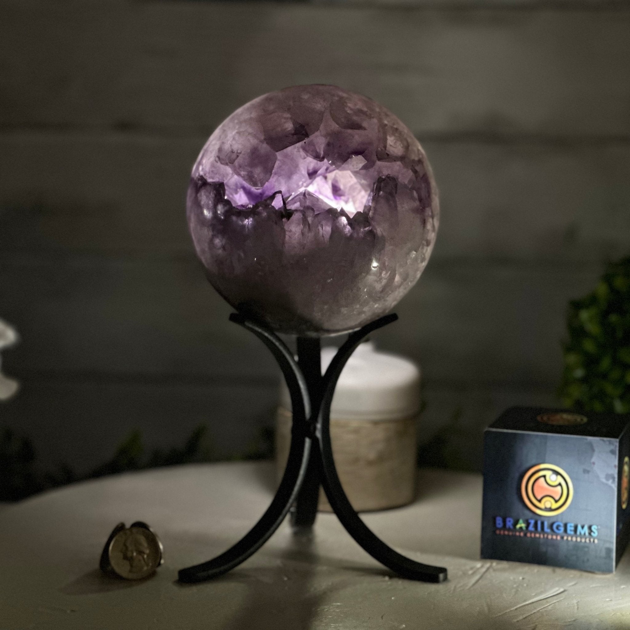 Druzy Amethyst Sphere on a Metal Stand, 4.2 lbs & 9.1" Tall #5630-0061 - Brazil GemsBrazil GemsDruzy Amethyst Sphere on a Metal Stand, 4.2 lbs & 9.1" Tall #5630-0061Spheres5630-0061