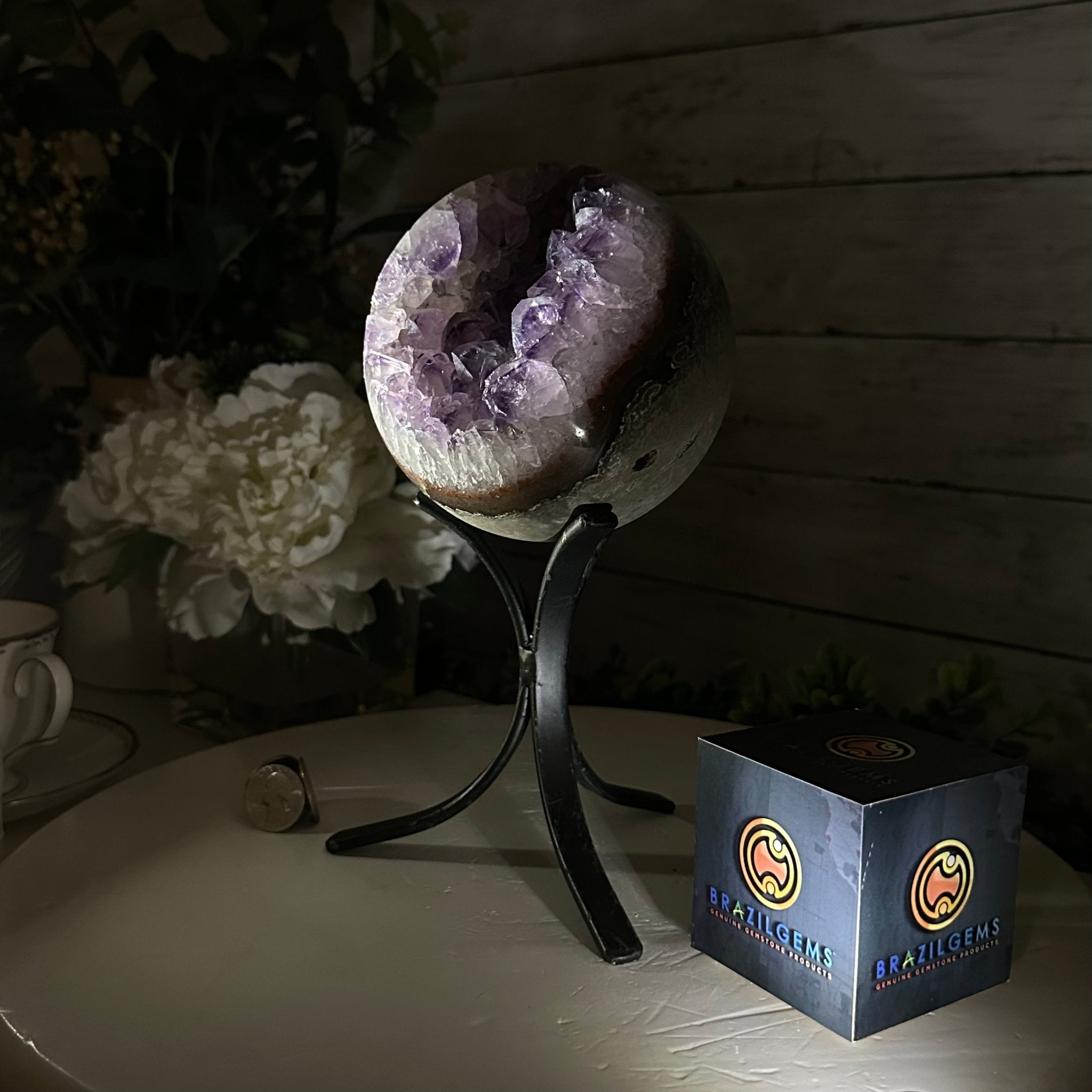 Druzy Amethyst Sphere on a Metal Stand, 4.3 lbs & 9.1" Tall #5630-0063 - Brazil GemsBrazil GemsDruzy Amethyst Sphere on a Metal Stand, 4.3 lbs & 9.1" Tall #5630-0063Spheres5630-0063