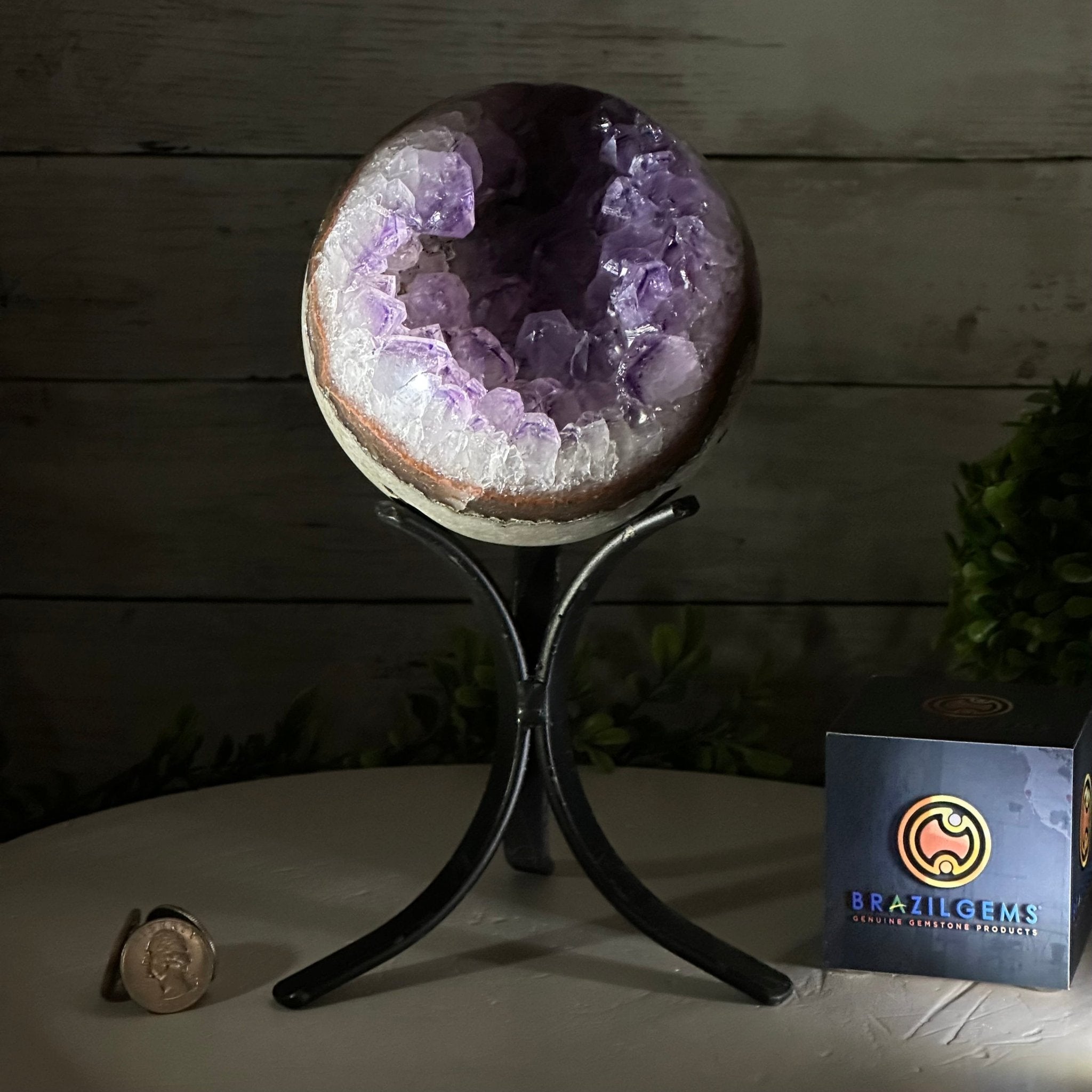 Druzy Amethyst Sphere on a Metal Stand, 4.3 lbs & 9.1" Tall #5630-0063 - Brazil GemsBrazil GemsDruzy Amethyst Sphere on a Metal Stand, 4.3 lbs & 9.1" Tall #5630-0063Spheres5630-0063