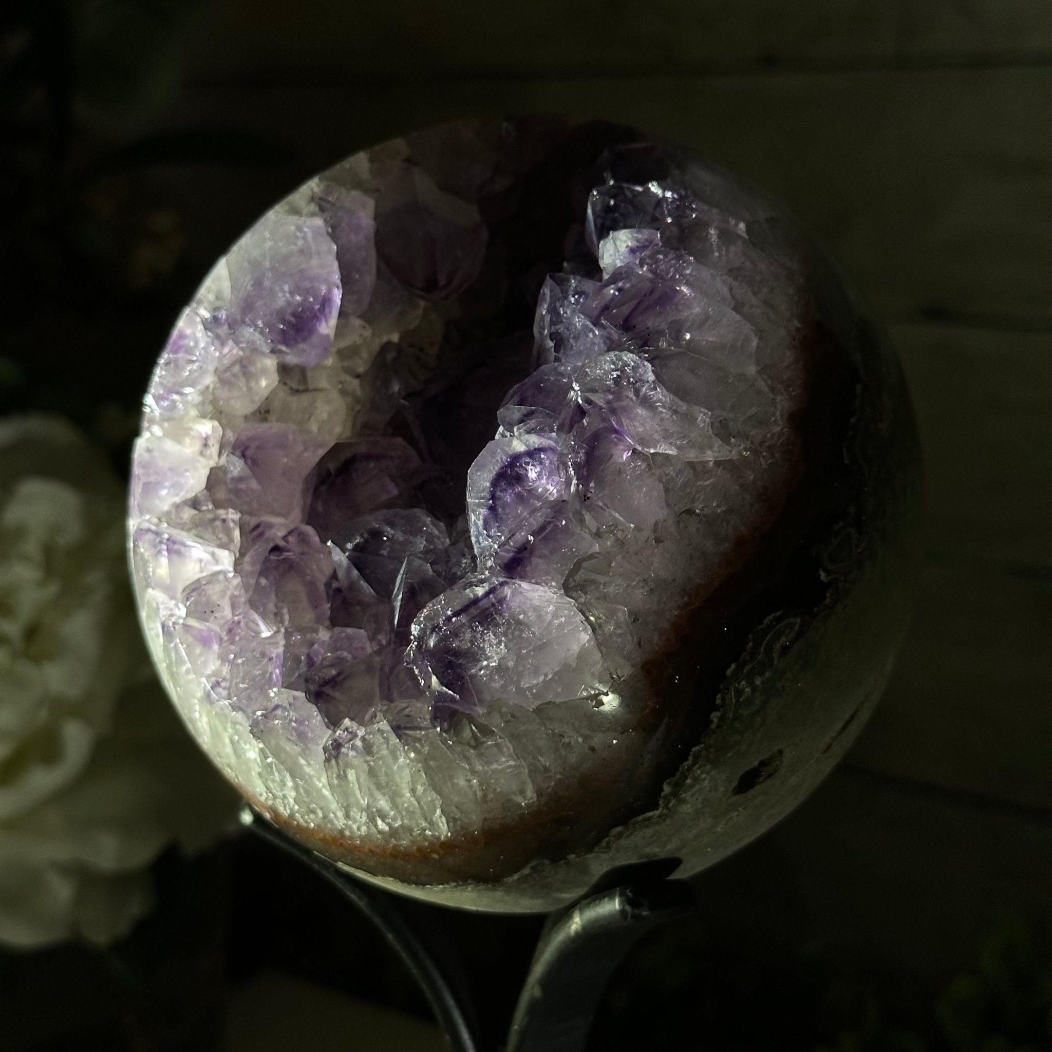Druzy Amethyst Sphere on a Metal Stand, 4.3 lbs & 9.1" Tall #5630-0063 - Brazil GemsBrazil GemsDruzy Amethyst Sphere on a Metal Stand, 4.3 lbs & 9.1" Tall #5630-0063Spheres5630-0063