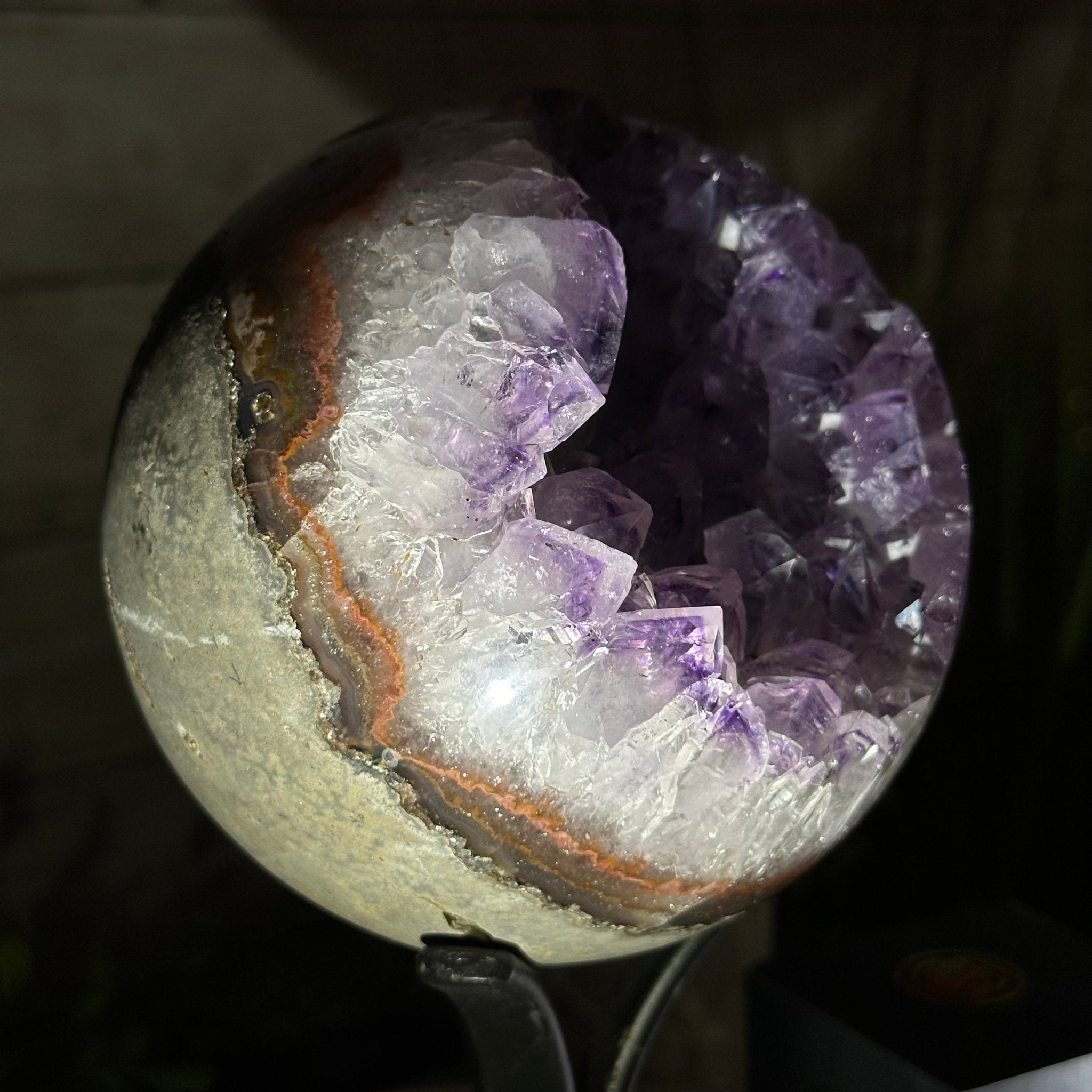 Druzy Amethyst Sphere on a Metal Stand, 4.3 lbs & 9.1" Tall #5630-0063 - Brazil GemsBrazil GemsDruzy Amethyst Sphere on a Metal Stand, 4.3 lbs & 9.1" Tall #5630-0063Spheres5630-0063
