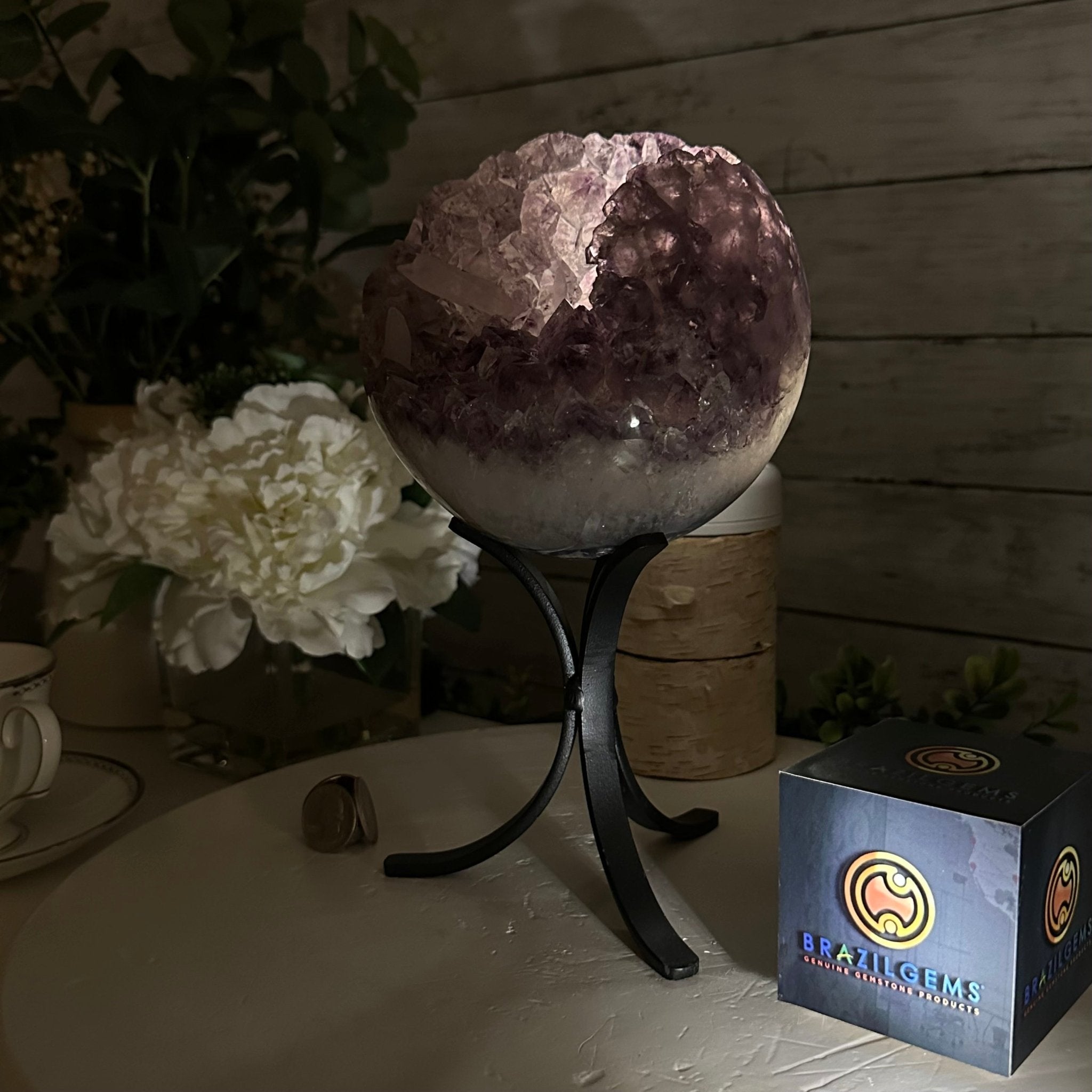 Druzy Amethyst Sphere on a Metal Stand, 5.6 lbs & 9.9" Tall #5630-0066 - Brazil GemsBrazil GemsDruzy Amethyst Sphere on a Metal Stand, 5.6 lbs & 9.9" Tall #5630-0066Spheres5630-0066