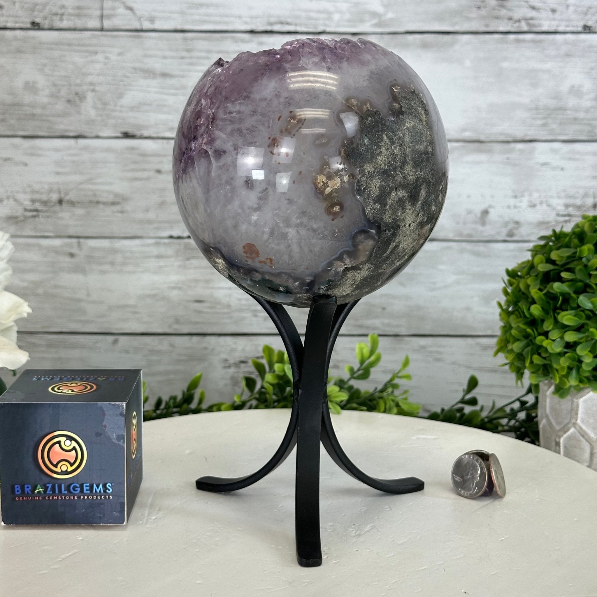 Druzy Amethyst Sphere on a Metal Stand, 5.6 lbs & 9.9" Tall #5630-0066 - Brazil GemsBrazil GemsDruzy Amethyst Sphere on a Metal Stand, 5.6 lbs & 9.9" Tall #5630-0066Spheres5630-0066