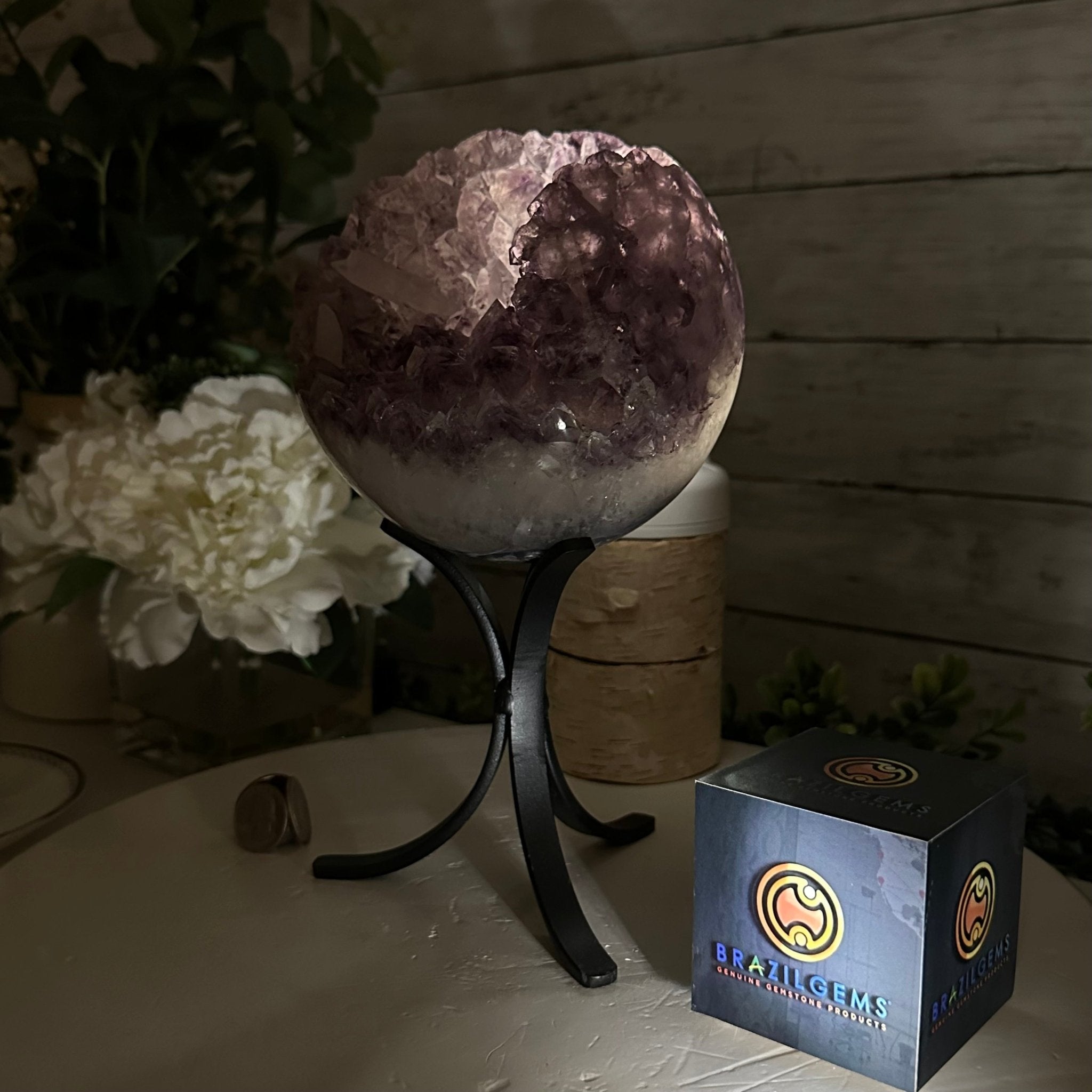 Druzy Amethyst Sphere on a Metal Stand, 5.6 lbs & 9.9" Tall #5630-0066 - Brazil GemsBrazil GemsDruzy Amethyst Sphere on a Metal Stand, 5.6 lbs & 9.9" Tall #5630-0066Spheres5630-0066