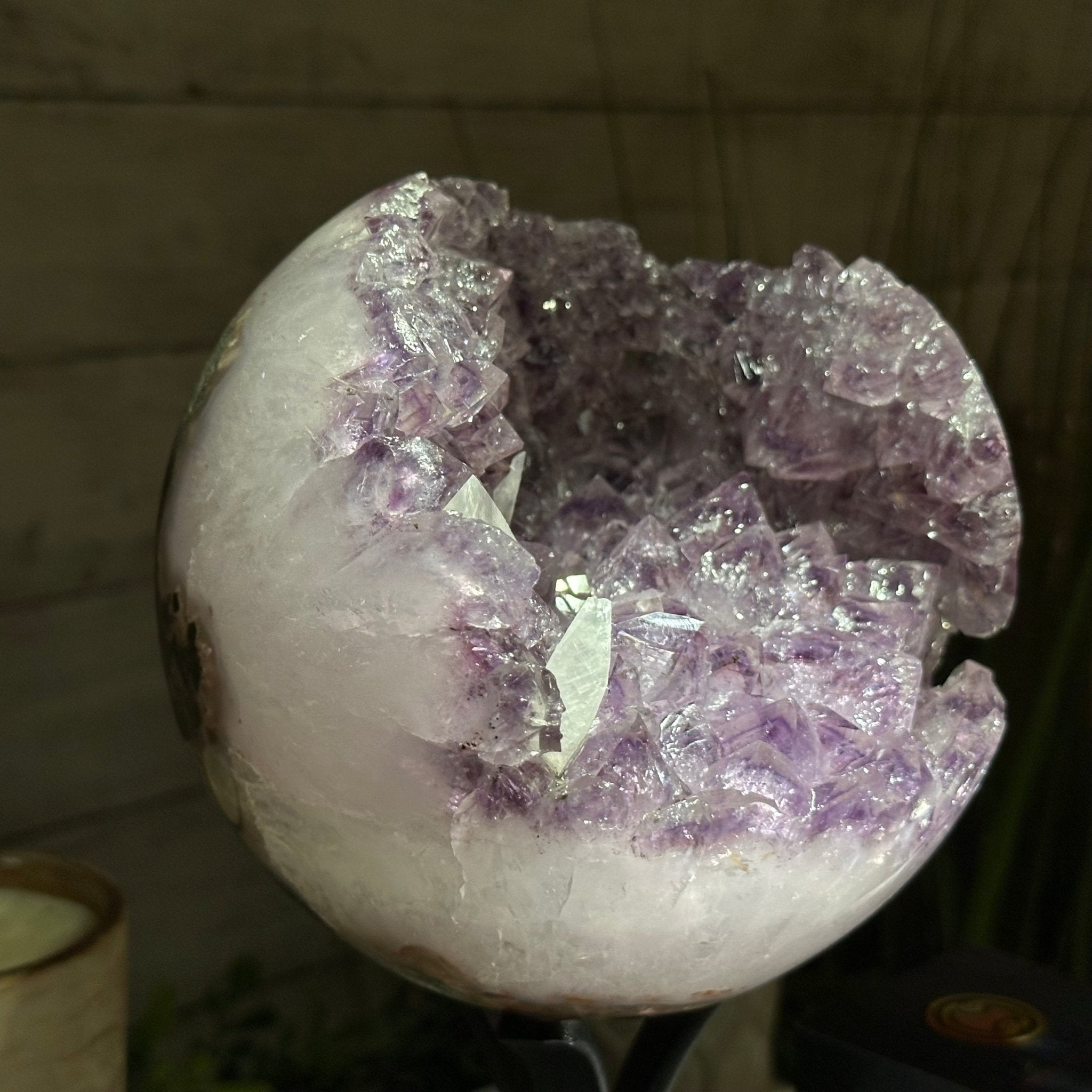 Druzy Amethyst Sphere on a Metal Stand, 5.6 lbs & 9.9" Tall #5630-0066 - Brazil GemsBrazil GemsDruzy Amethyst Sphere on a Metal Stand, 5.6 lbs & 9.9" Tall #5630-0066Spheres5630-0066