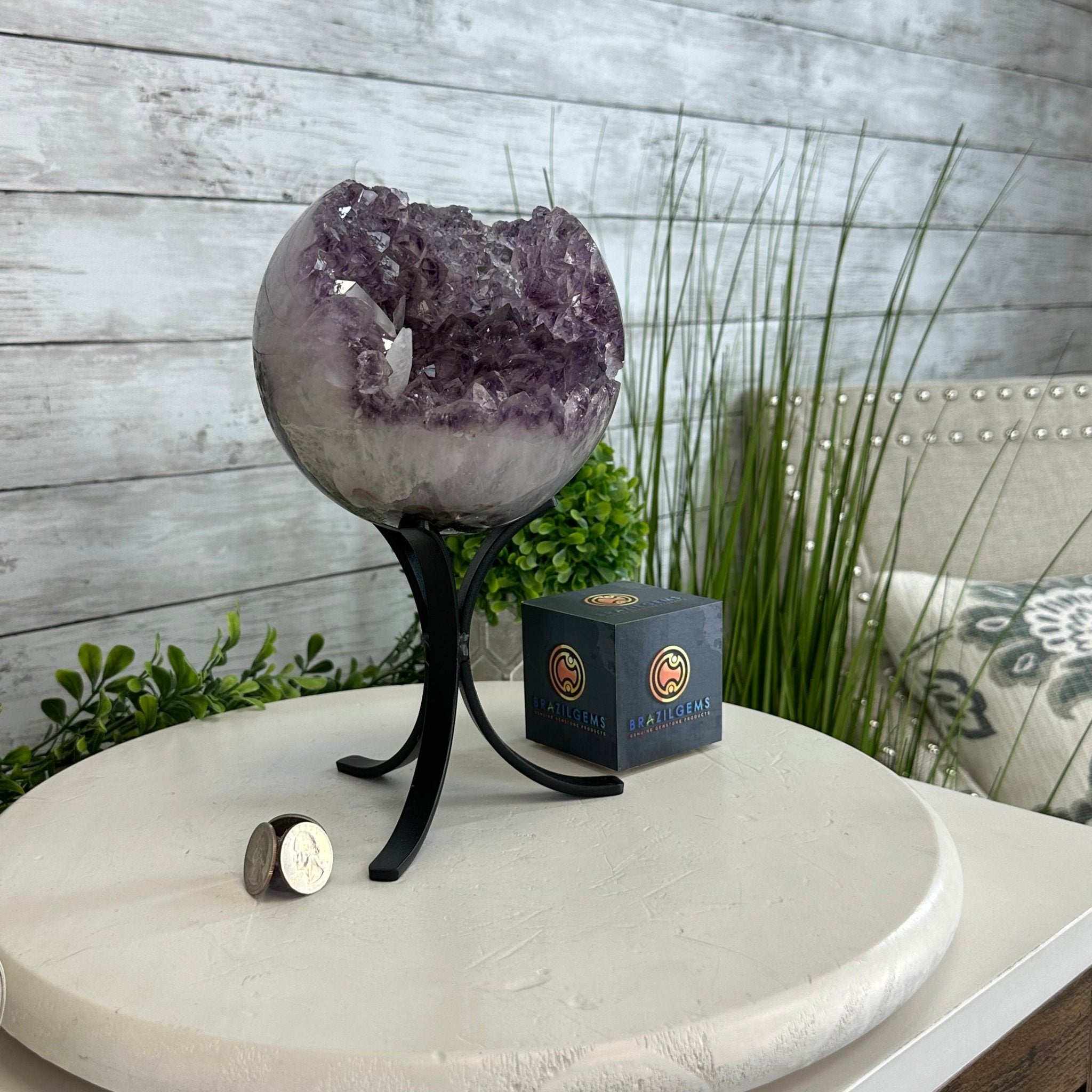 Druzy Amethyst Sphere on a Metal Stand, 5.6 lbs & 9.9" Tall #5630-0066 - Brazil GemsBrazil GemsDruzy Amethyst Sphere on a Metal Stand, 5.6 lbs & 9.9" Tall #5630-0066Spheres5630-0066