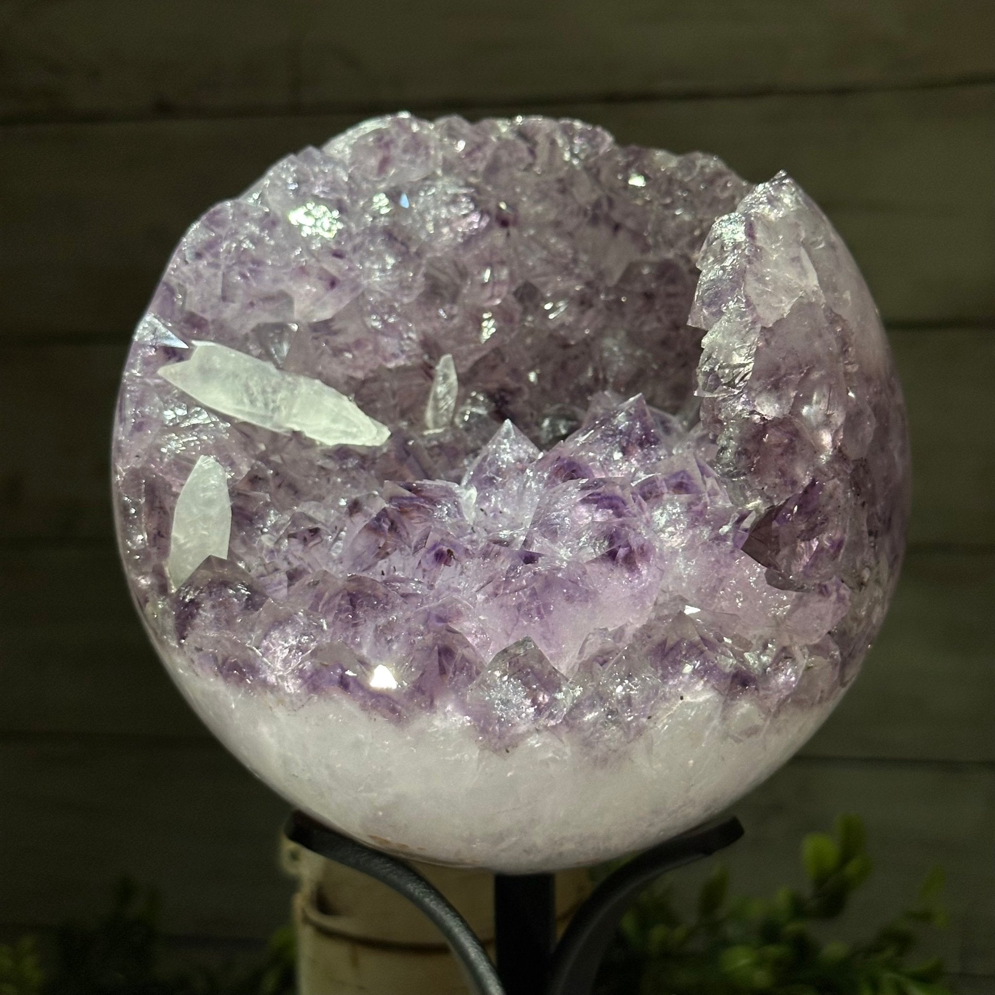 Druzy Amethyst Sphere on a Metal Stand, 5.6 lbs & 9.9" Tall #5630-0066 - Brazil GemsBrazil GemsDruzy Amethyst Sphere on a Metal Stand, 5.6 lbs & 9.9" Tall #5630-0066Spheres5630-0066