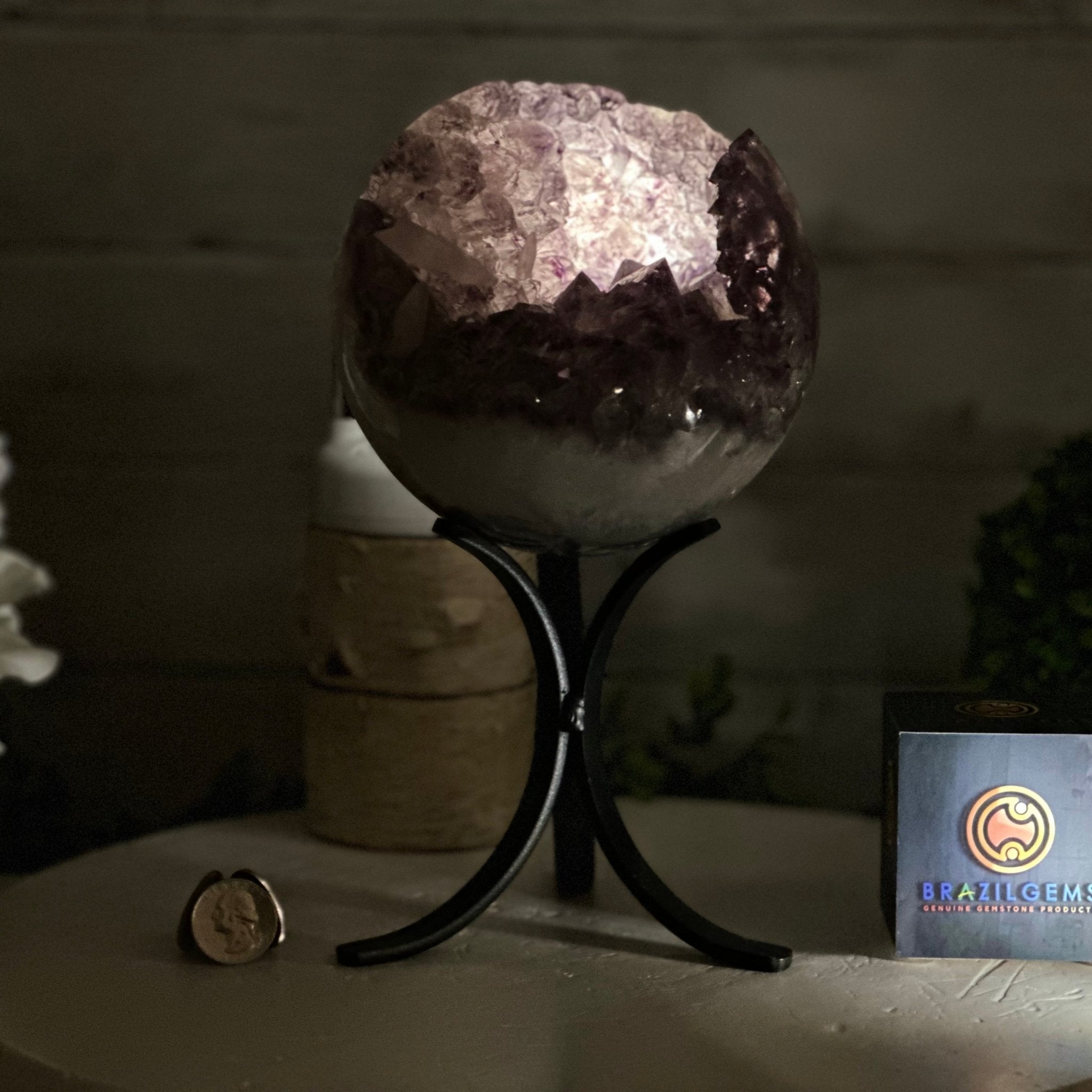 Druzy Amethyst Sphere on a Metal Stand, 5.6 lbs & 9.9" Tall #5630-0066 - Brazil GemsBrazil GemsDruzy Amethyst Sphere on a Metal Stand, 5.6 lbs & 9.9" Tall #5630-0066Spheres5630-0066