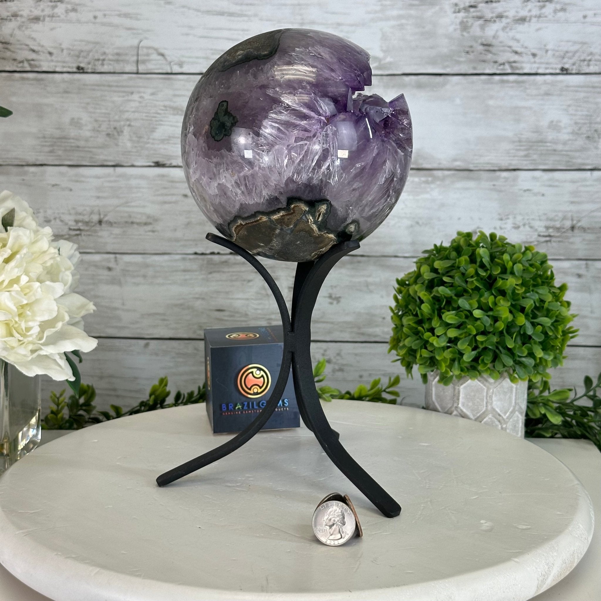 Druzy Amethyst Sphere on a Metal Stand, 7.2 lbs & 11.2" Tall #5630-0068 - Brazil GemsBrazil GemsDruzy Amethyst Sphere on a Metal Stand, 7.2 lbs & 11.2" Tall #5630-0068Spheres5630-0068