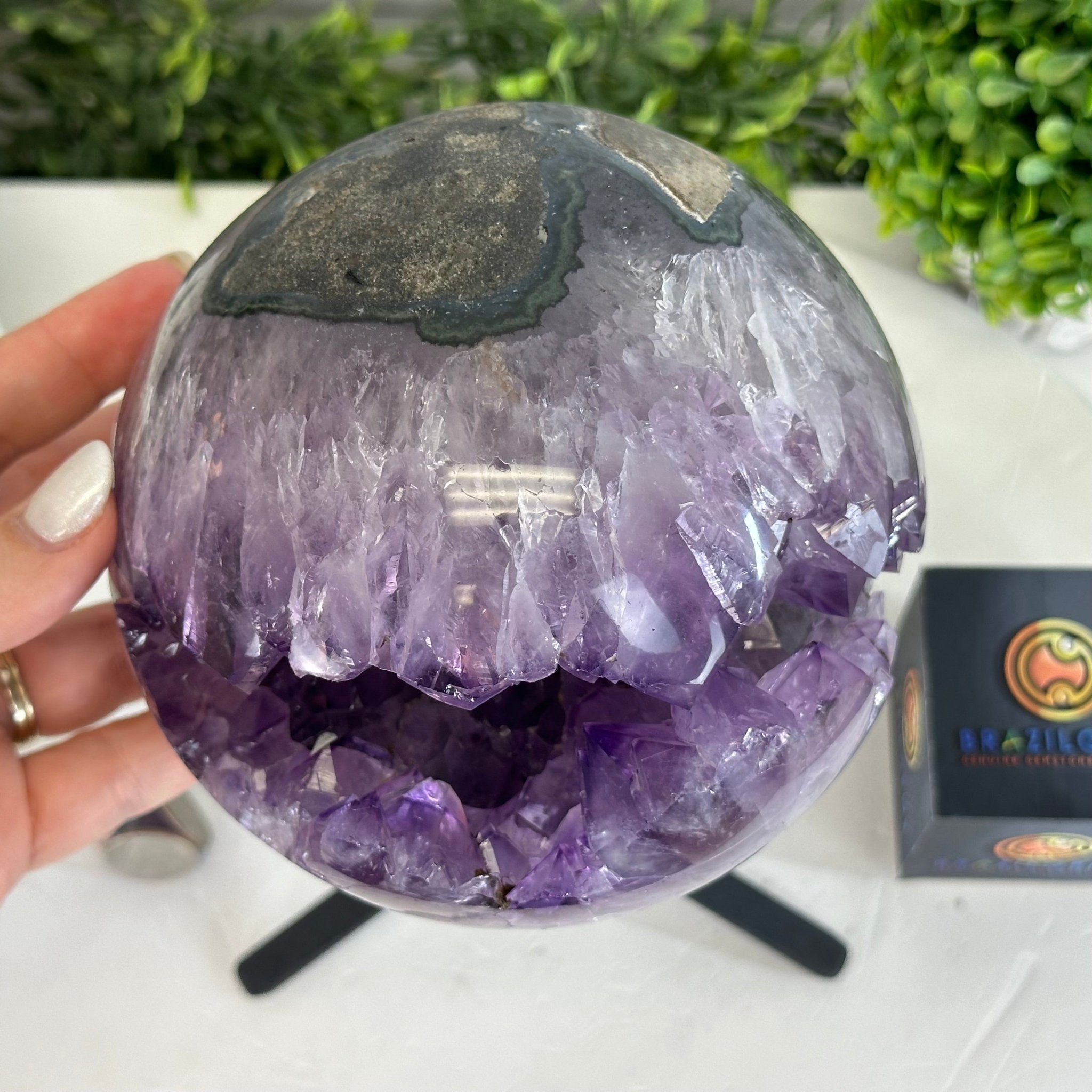 Druzy Amethyst Sphere on a Metal Stand, 7.2 lbs & 11.2" Tall #5630-0068 - Brazil GemsBrazil GemsDruzy Amethyst Sphere on a Metal Stand, 7.2 lbs & 11.2" Tall #5630-0068Spheres5630-0068
