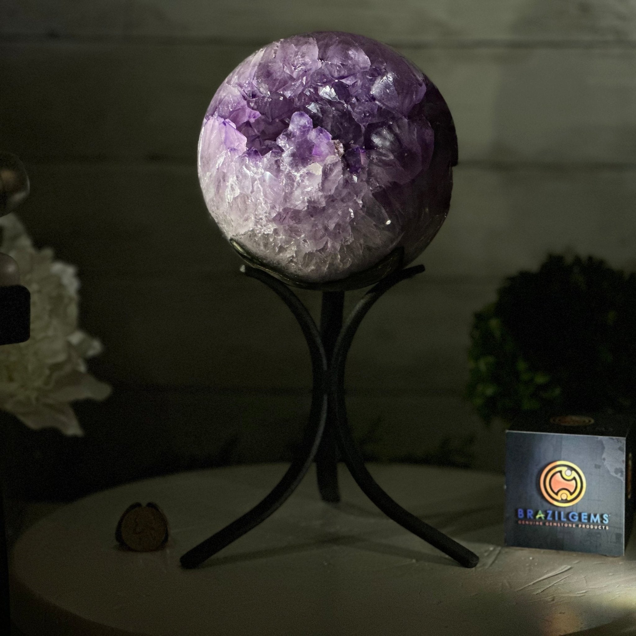 Druzy Amethyst Sphere on a Metal Stand, 7.2 lbs & 11.2" Tall #5630-0068 - Brazil GemsBrazil GemsDruzy Amethyst Sphere on a Metal Stand, 7.2 lbs & 11.2" Tall #5630-0068Spheres5630-0068