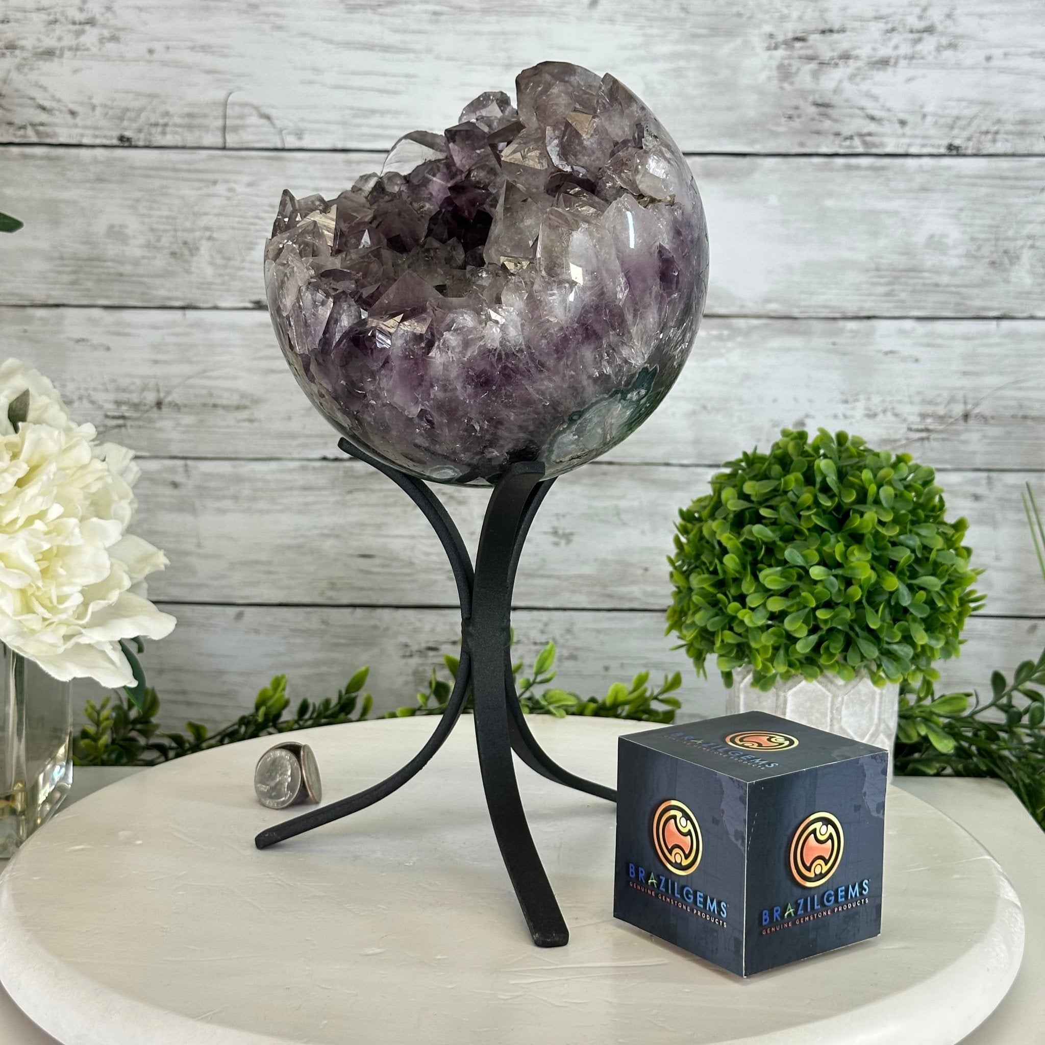 Druzy Amethyst Sphere on a Metal Stand, 8.2 lbs & 11.9" Tall #5630-0069 - Brazil GemsBrazil GemsDruzy Amethyst Sphere on a Metal Stand, 8.2 lbs & 11.9" Tall #5630-0069Spheres5630-0069