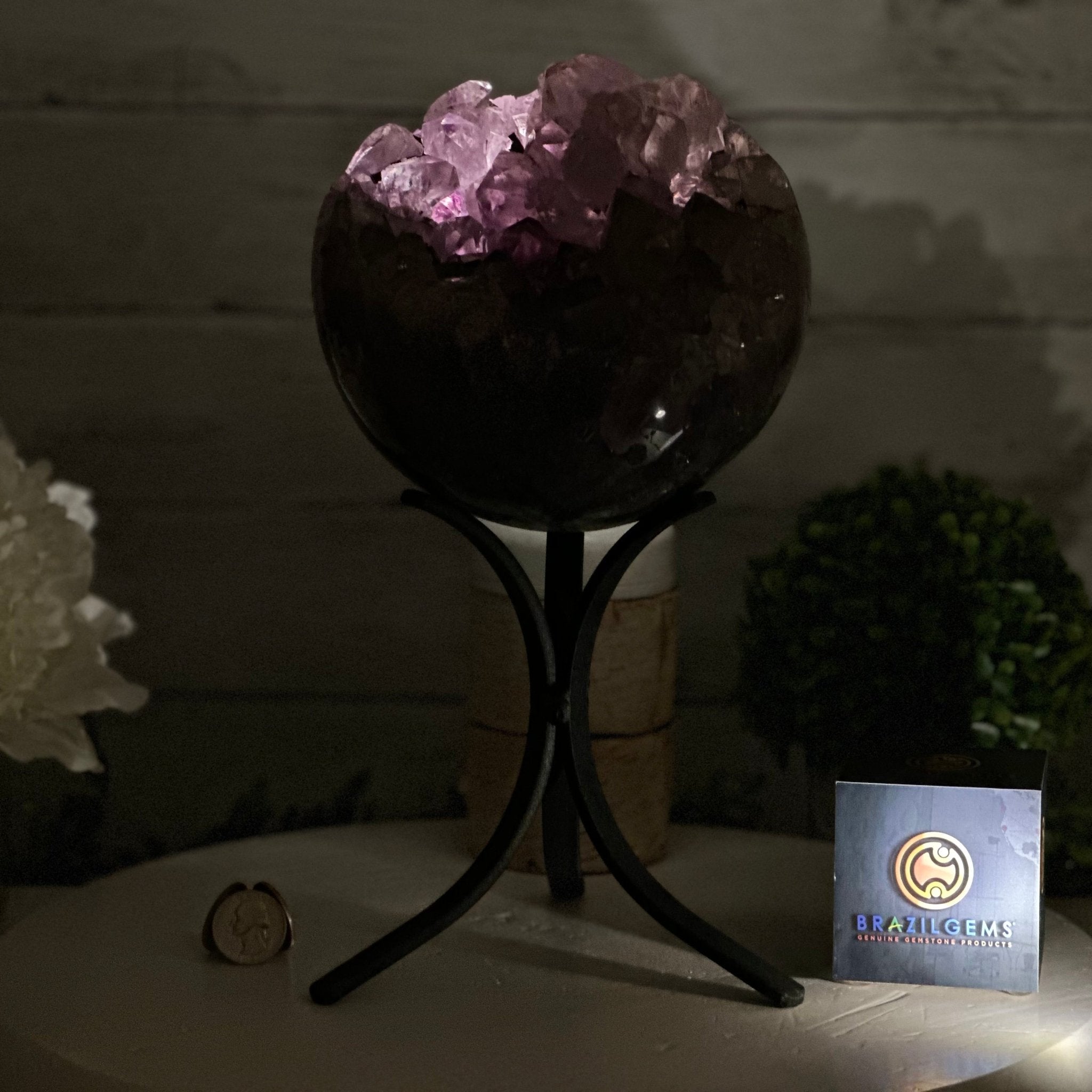 Druzy Amethyst Sphere on a Metal Stand, 8.2 lbs & 11.9" Tall #5630-0069 - Brazil GemsBrazil GemsDruzy Amethyst Sphere on a Metal Stand, 8.2 lbs & 11.9" Tall #5630-0069Spheres5630-0069