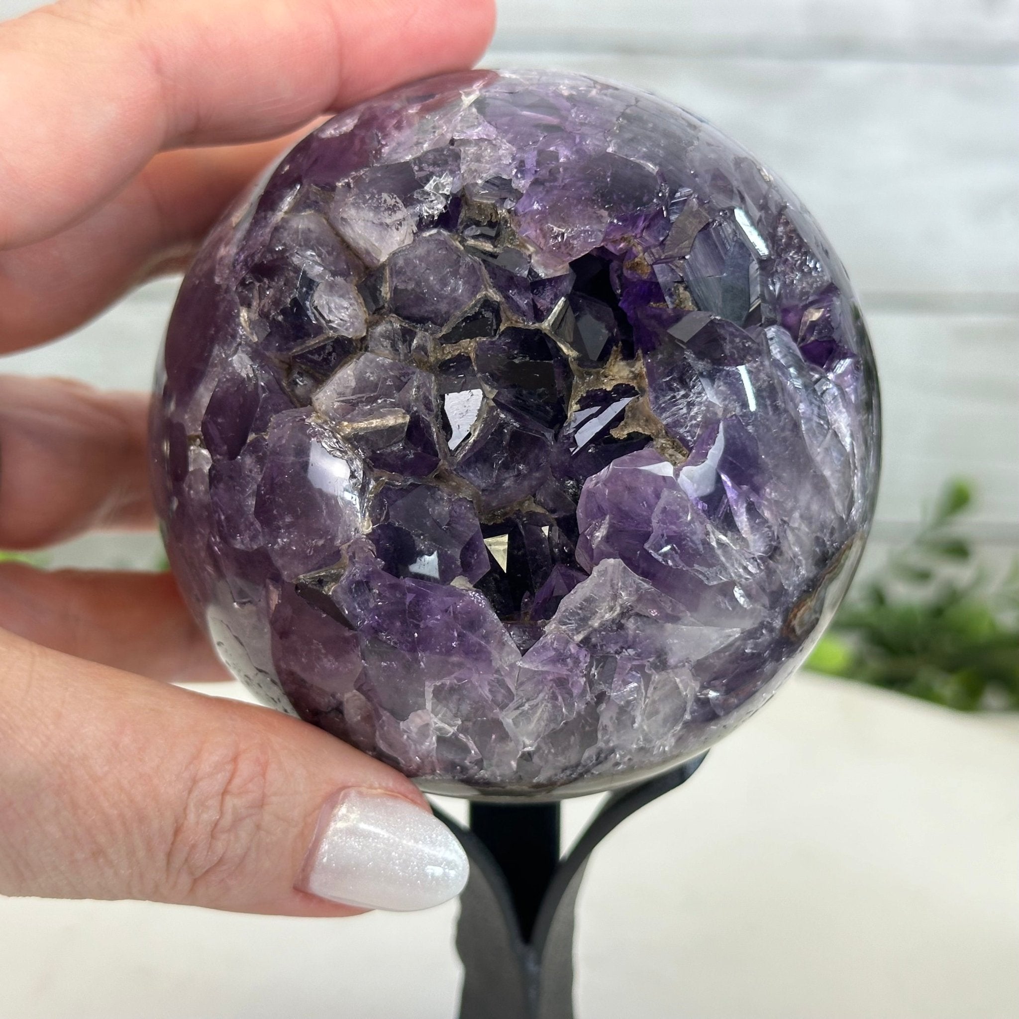 Druzy Amethyst Sphere on a Metal Stand,1.9 lbs & 7.2" Tall #5630-0043 - Brazil GemsBrazil GemsDruzy Amethyst Sphere on a Metal Stand,1.9 lbs & 7.2" Tall #5630-0043Spheres5630-0043