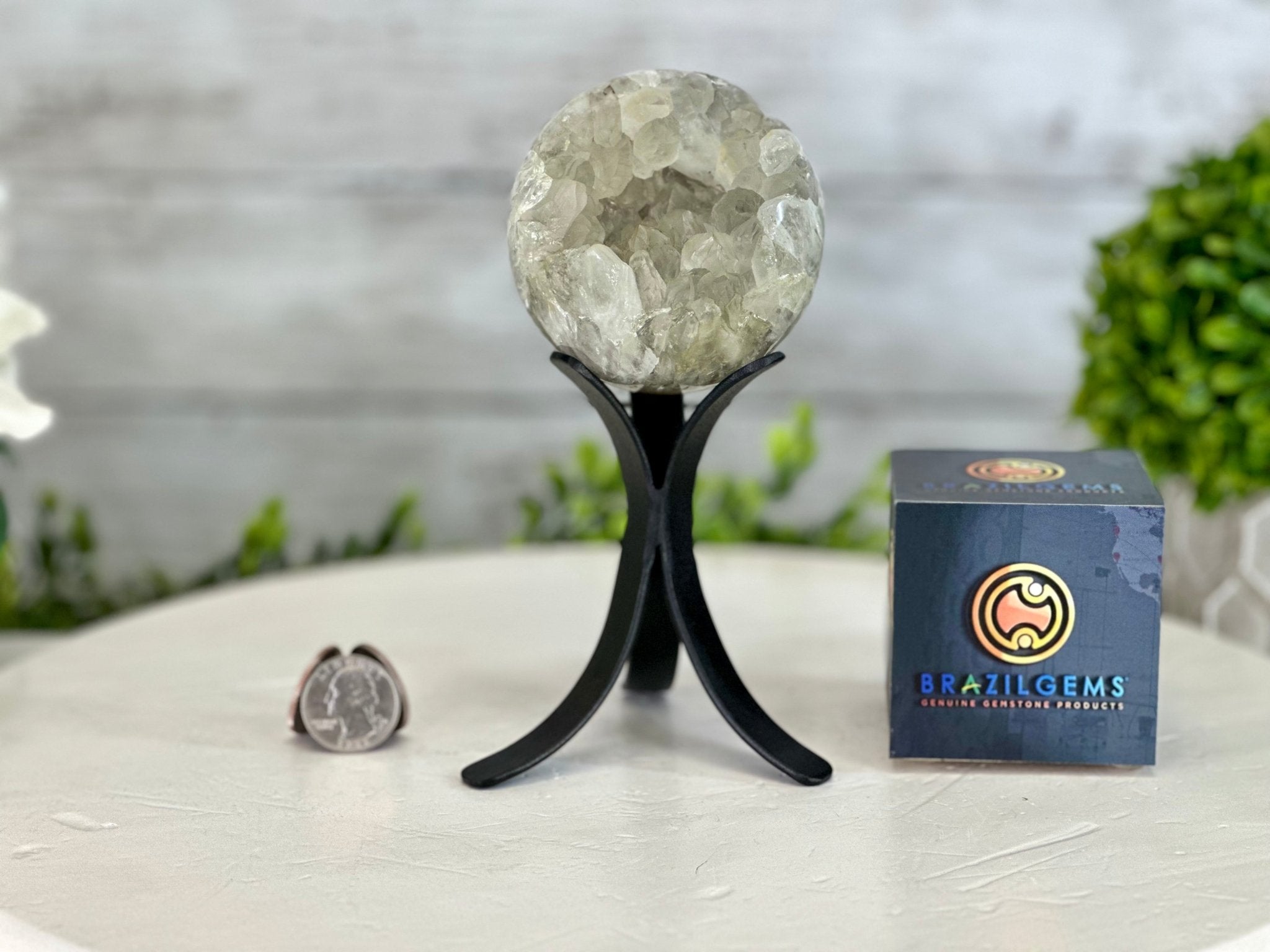 Druzy White Amethyst Sphere on a Metal Stand, 1.1 lbs & 6.6" Tall #5630-0036 - Brazil GemsBrazil GemsDruzy White Amethyst Sphere on a Metal Stand, 1.1 lbs & 6.6" Tall #5630-0036Spheres5630-0036