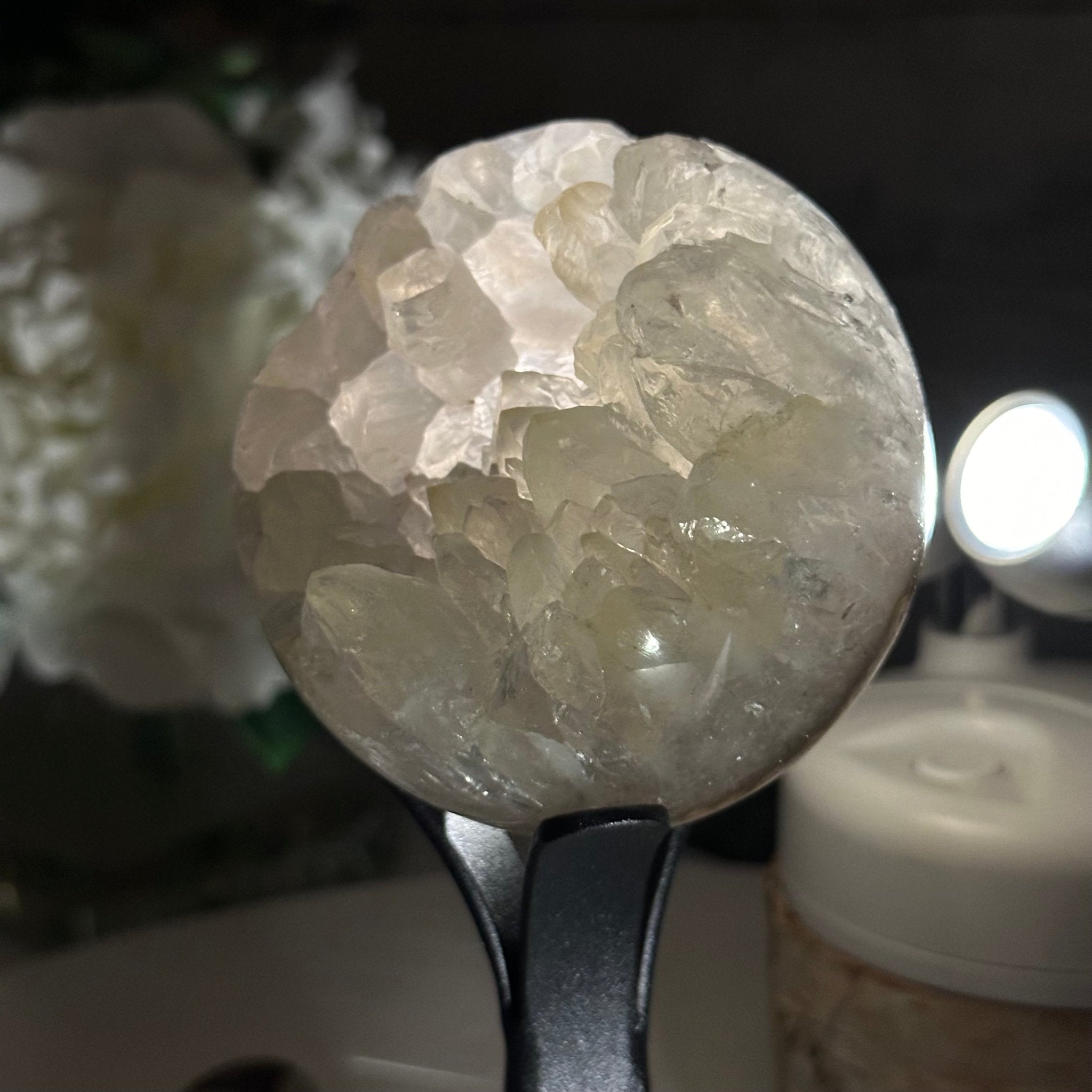 Druzy White Amethyst Sphere on a Metal Stand, 1.1 lbs & 6.6" Tall #5630-0036 - Brazil GemsBrazil GemsDruzy White Amethyst Sphere on a Metal Stand, 1.1 lbs & 6.6" Tall #5630-0036Spheres5630-0036