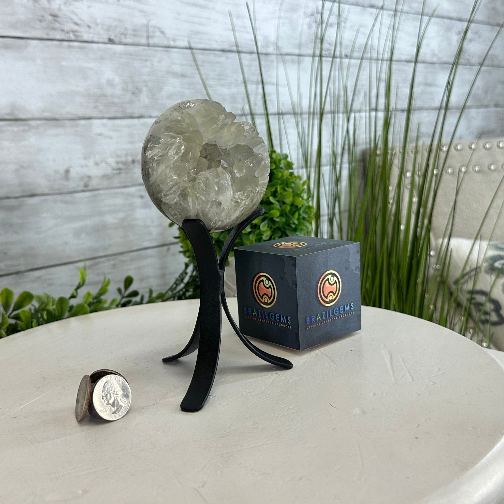 Druzy White Amethyst Sphere on a Metal Stand, 1.1 lbs & 6.6" Tall #5630-0036 - Brazil GemsBrazil GemsDruzy White Amethyst Sphere on a Metal Stand, 1.1 lbs & 6.6" Tall #5630-0036Spheres5630-0036