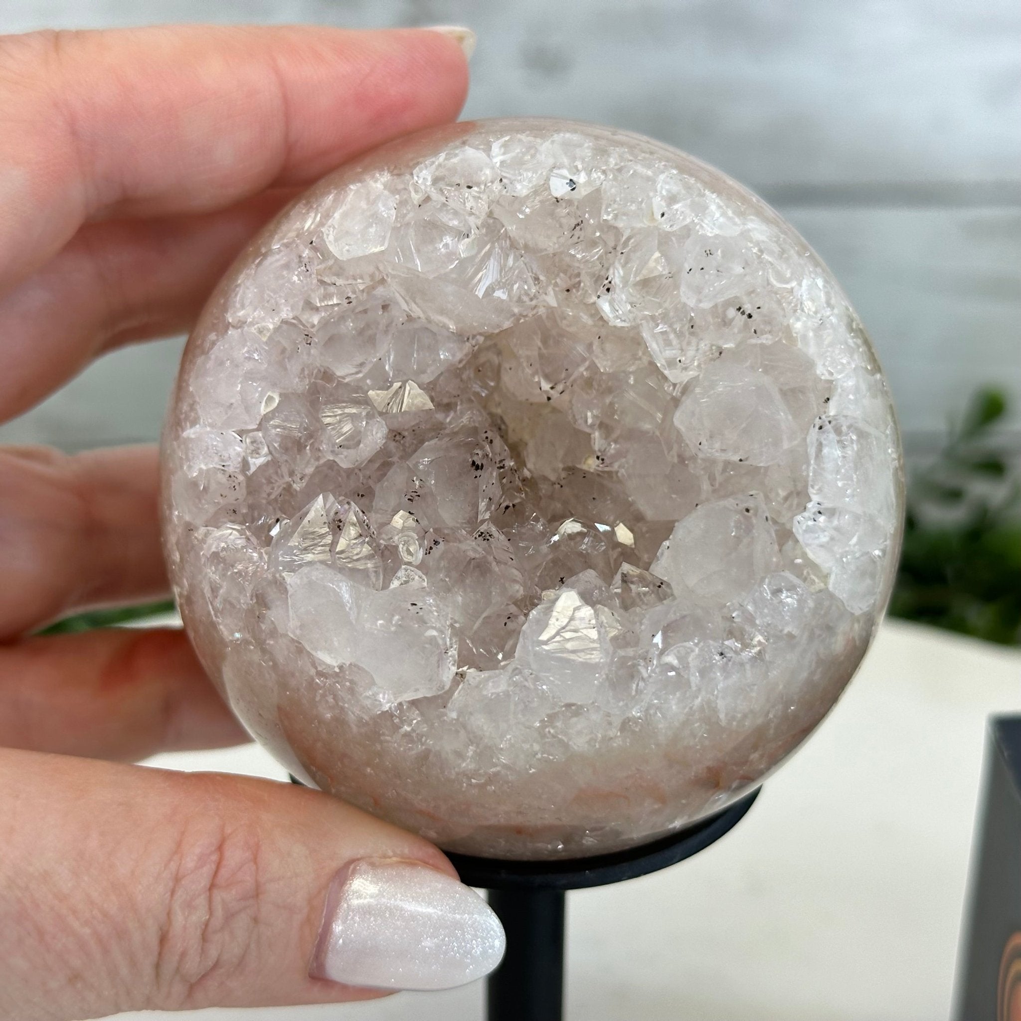 Druzy White Amethyst Sphere on a Metal Stand, 1.2 lbs & 6.2" Tall #5630-0040 - Brazil GemsBrazil GemsDruzy White Amethyst Sphere on a Metal Stand, 1.2 lbs & 6.2" Tall #5630-0040Spheres5630-0040