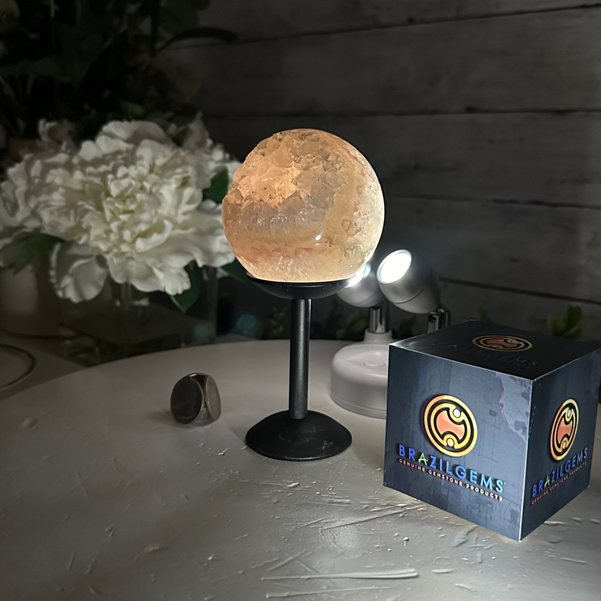 Druzy White Amethyst Sphere on a Metal Stand, 1.2 lbs & 6.2" Tall #5630-0040 - Brazil GemsBrazil GemsDruzy White Amethyst Sphere on a Metal Stand, 1.2 lbs & 6.2" Tall #5630-0040Spheres5630-0040