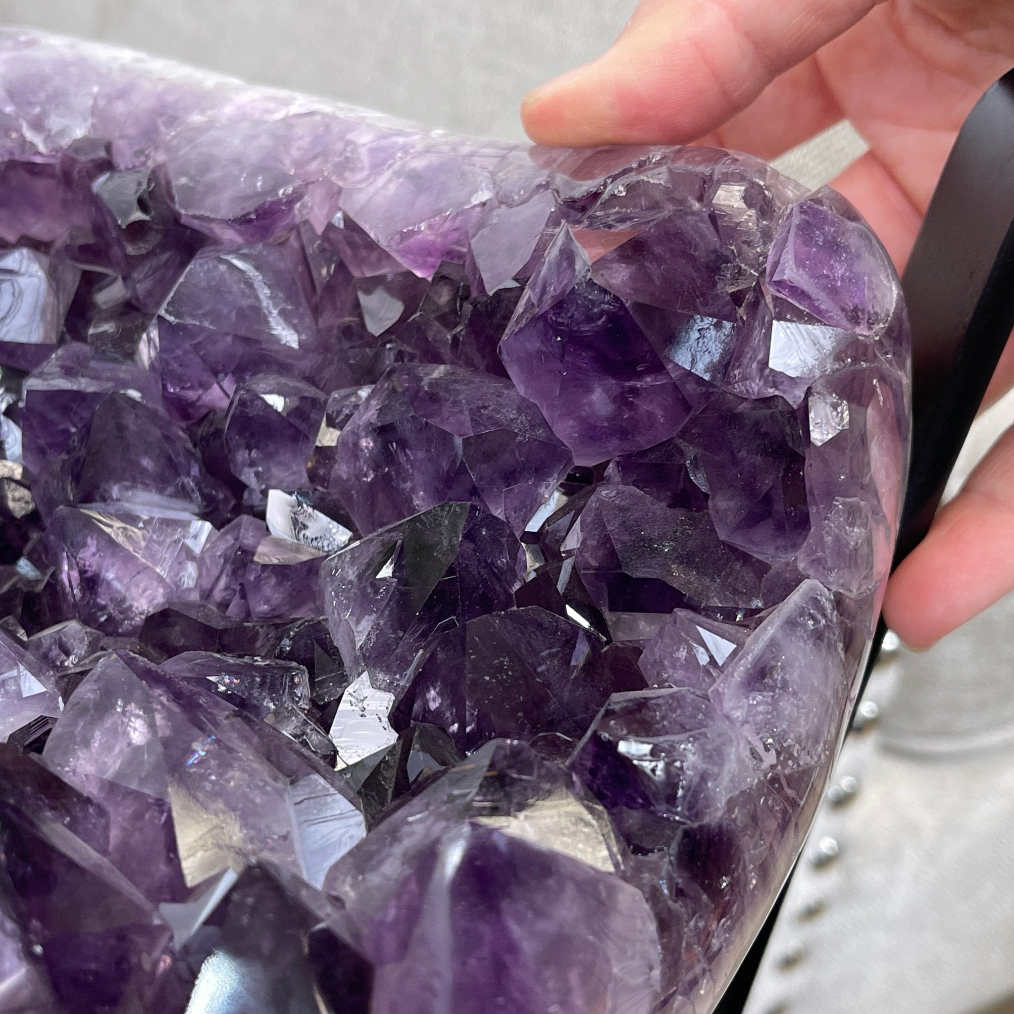 Extra Plus Brazilian Amethyst Geode Side Table, 35.7 lbs, 23.75" tall on a metal base #1384-0008 by Brazil Gems - Brazil GemsBrazil GemsExtra Plus Brazilian Amethyst Geode Side Table, 35.7 lbs, 23.75" tall on a metal base #1384-0008 by Brazil GemsTables: Side1384-0008