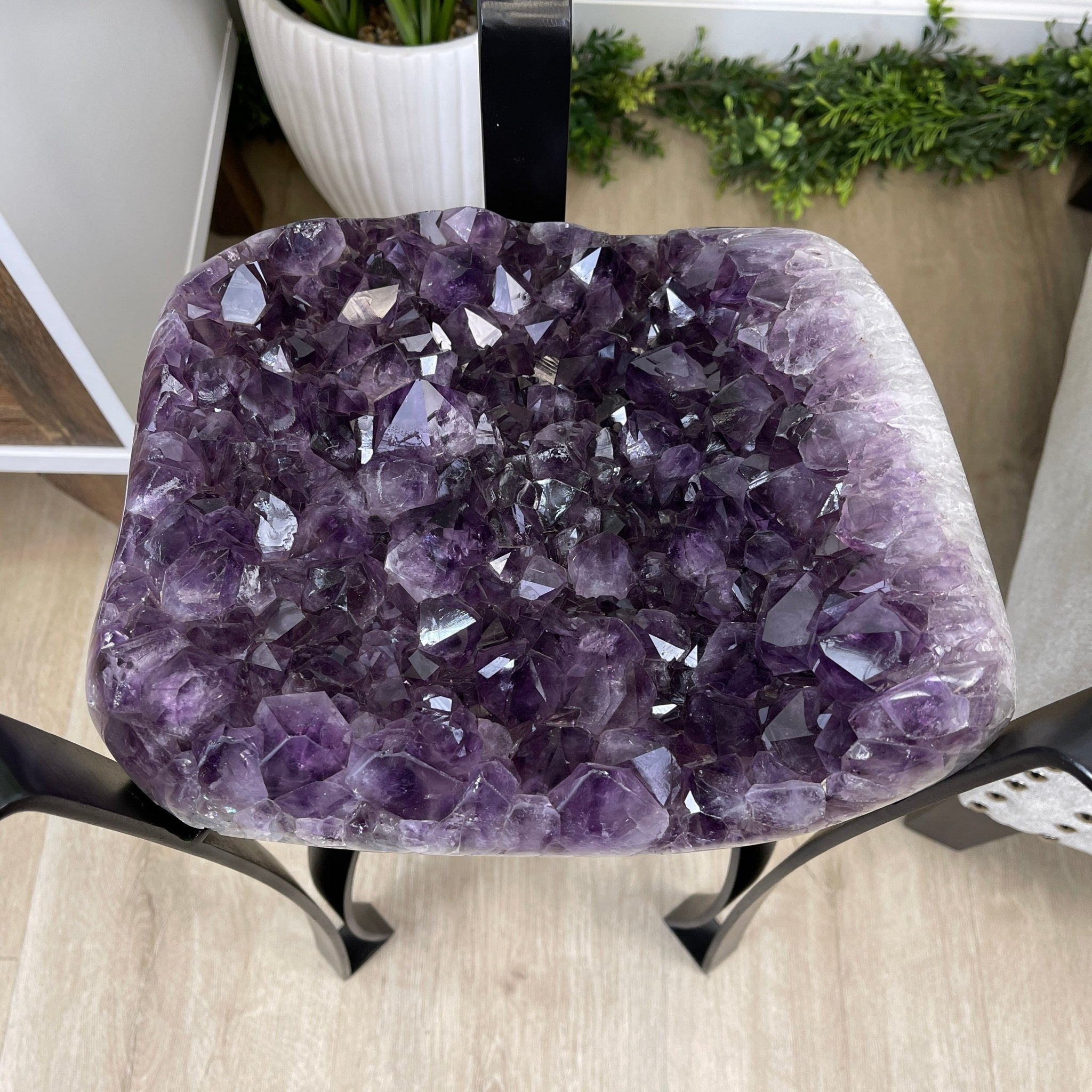 Extra Plus Brazilian Amethyst Geode Side Table, 35.7 lbs, 23.75" tall on a metal base #1384-0008 by Brazil Gems - Brazil GemsBrazil GemsExtra Plus Brazilian Amethyst Geode Side Table, 35.7 lbs, 23.75" tall on a metal base #1384-0008 by Brazil GemsTables: Side1384-0008