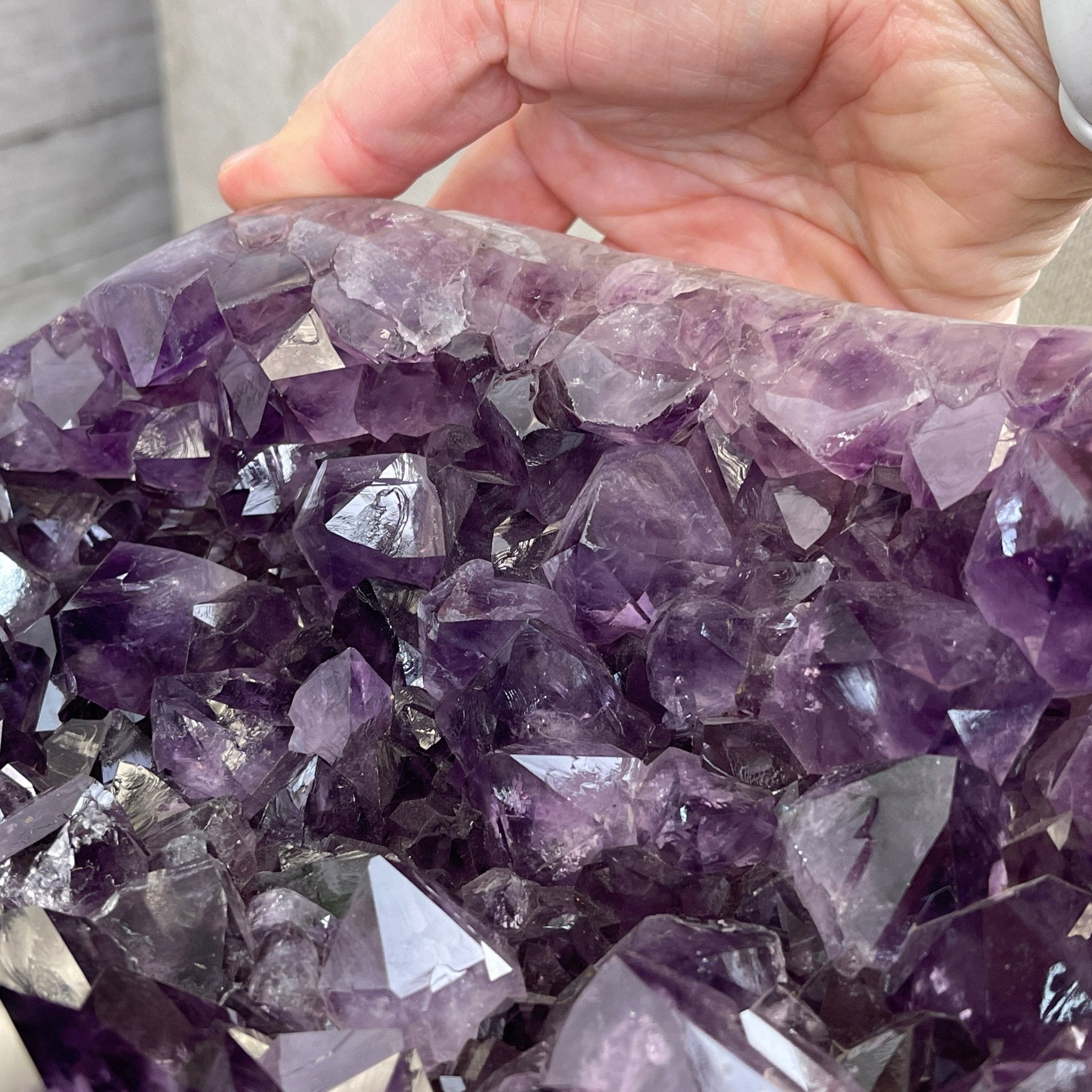 Extra Plus Brazilian Amethyst Geode Side Table, 35.7 lbs, 23.75" tall on a metal base #1384-0008 by Brazil Gems - Brazil GemsBrazil GemsExtra Plus Brazilian Amethyst Geode Side Table, 35.7 lbs, 23.75" tall on a metal base #1384-0008 by Brazil GemsTables: Side1384-0008