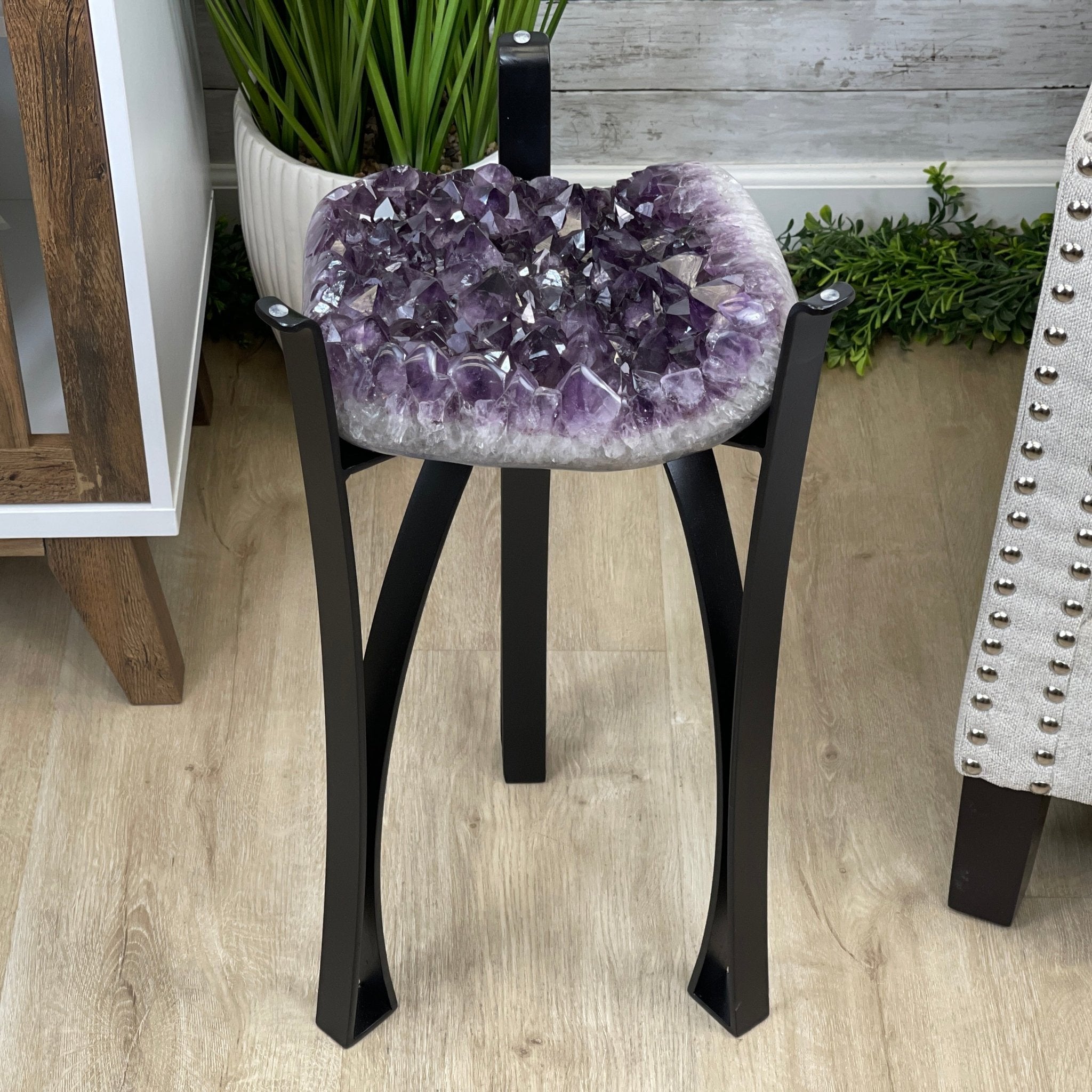 Extra Plus Brazilian Amethyst Geode Side Table, 35.7 lbs, 23.75" tall on a metal base #1384-0008 by Brazil Gems - Brazil GemsBrazil GemsExtra Plus Brazilian Amethyst Geode Side Table, 35.7 lbs, 23.75" tall on a metal base #1384-0008 by Brazil GemsTables: Side1384-0008