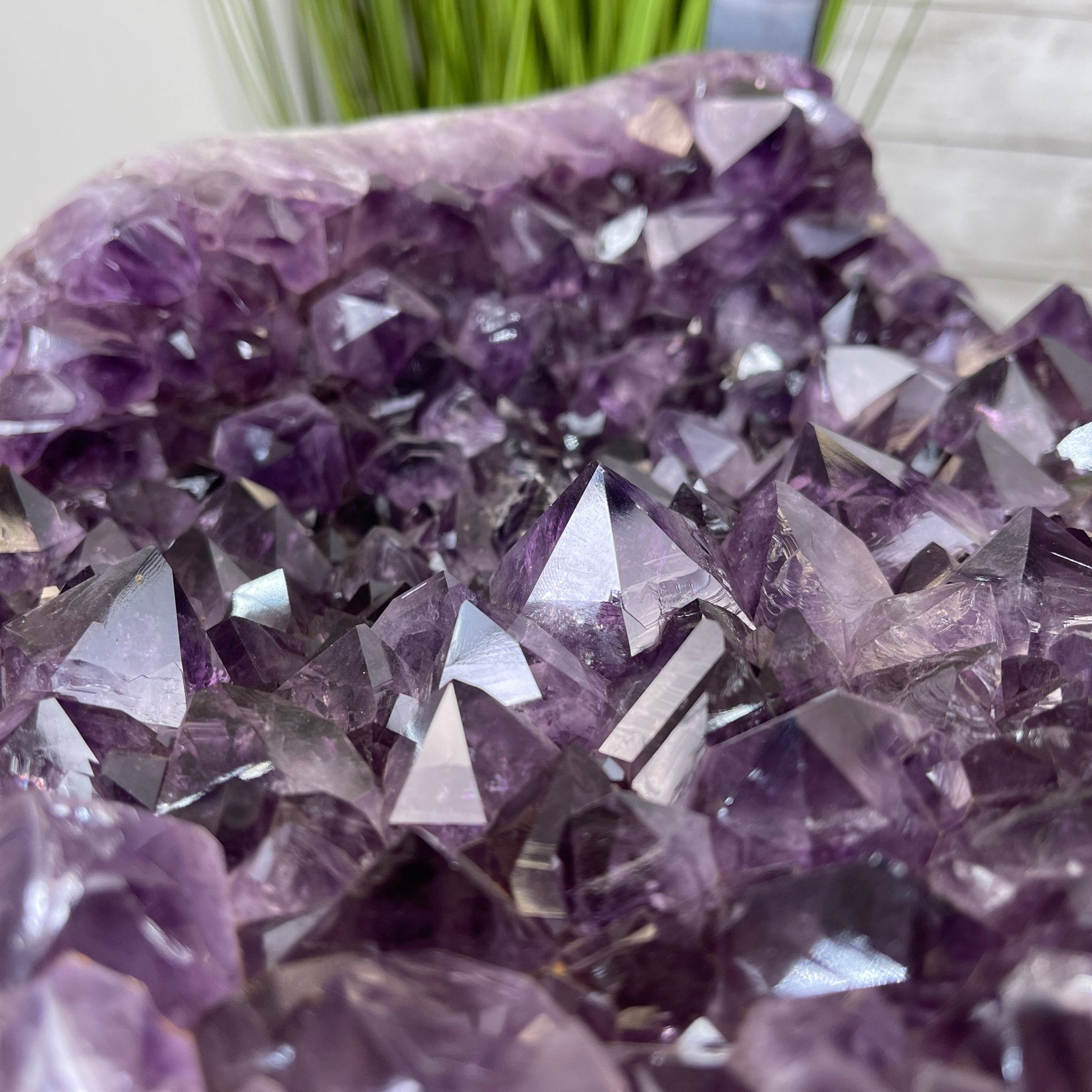 Extra Plus Brazilian Amethyst Geode Side Table, 35.7 lbs, 23.75" tall on a metal base #1384-0008 by Brazil Gems - Brazil GemsBrazil GemsExtra Plus Brazilian Amethyst Geode Side Table, 35.7 lbs, 23.75" tall on a metal base #1384-0008 by Brazil GemsTables: Side1384-0008