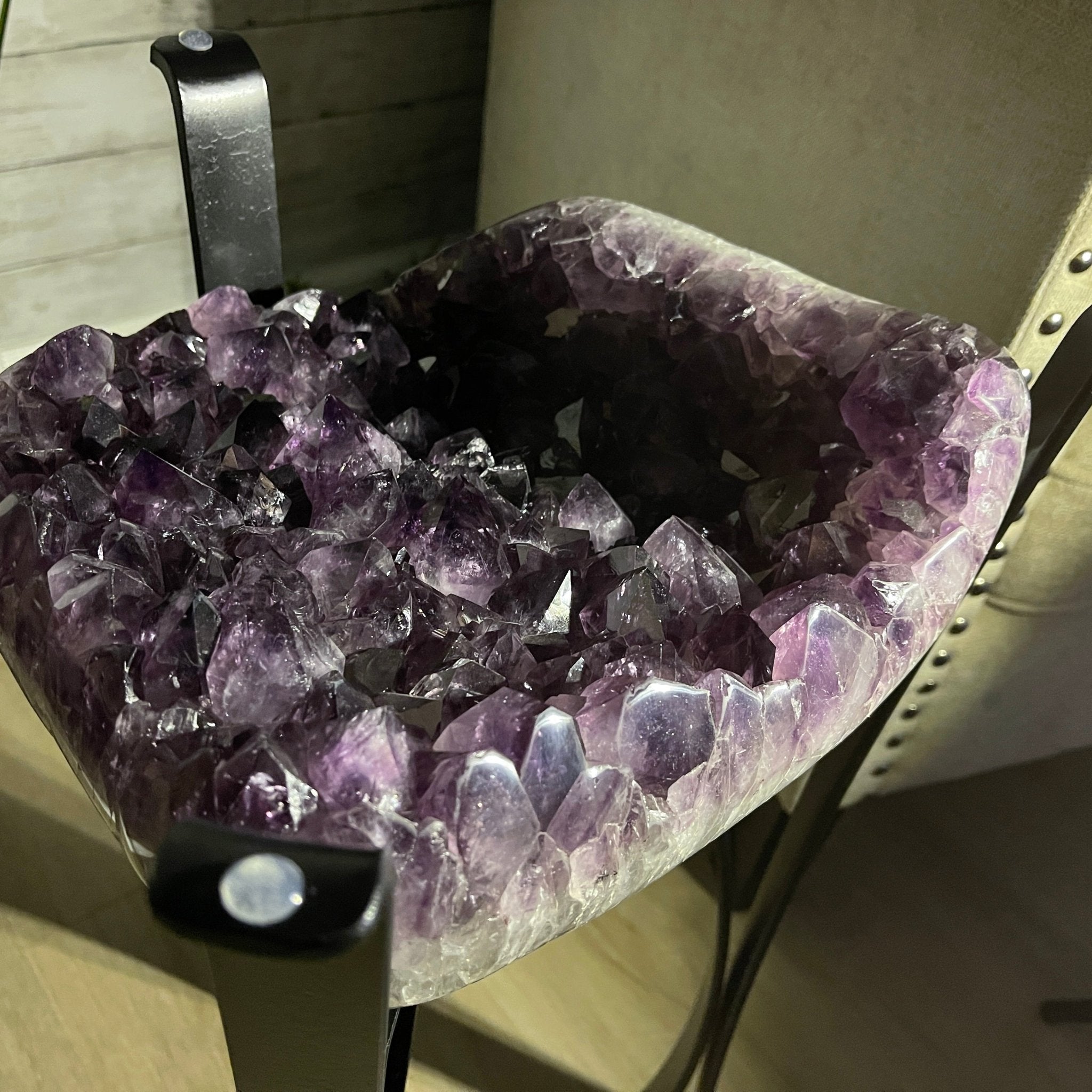 Extra Plus Brazilian Amethyst Geode Side Table, 35.7 lbs, 23.75" tall on a metal base #1384-0008 by Brazil Gems - Brazil GemsBrazil GemsExtra Plus Brazilian Amethyst Geode Side Table, 35.7 lbs, 23.75" tall on a metal base #1384-0008 by Brazil GemsTables: Side1384-0008