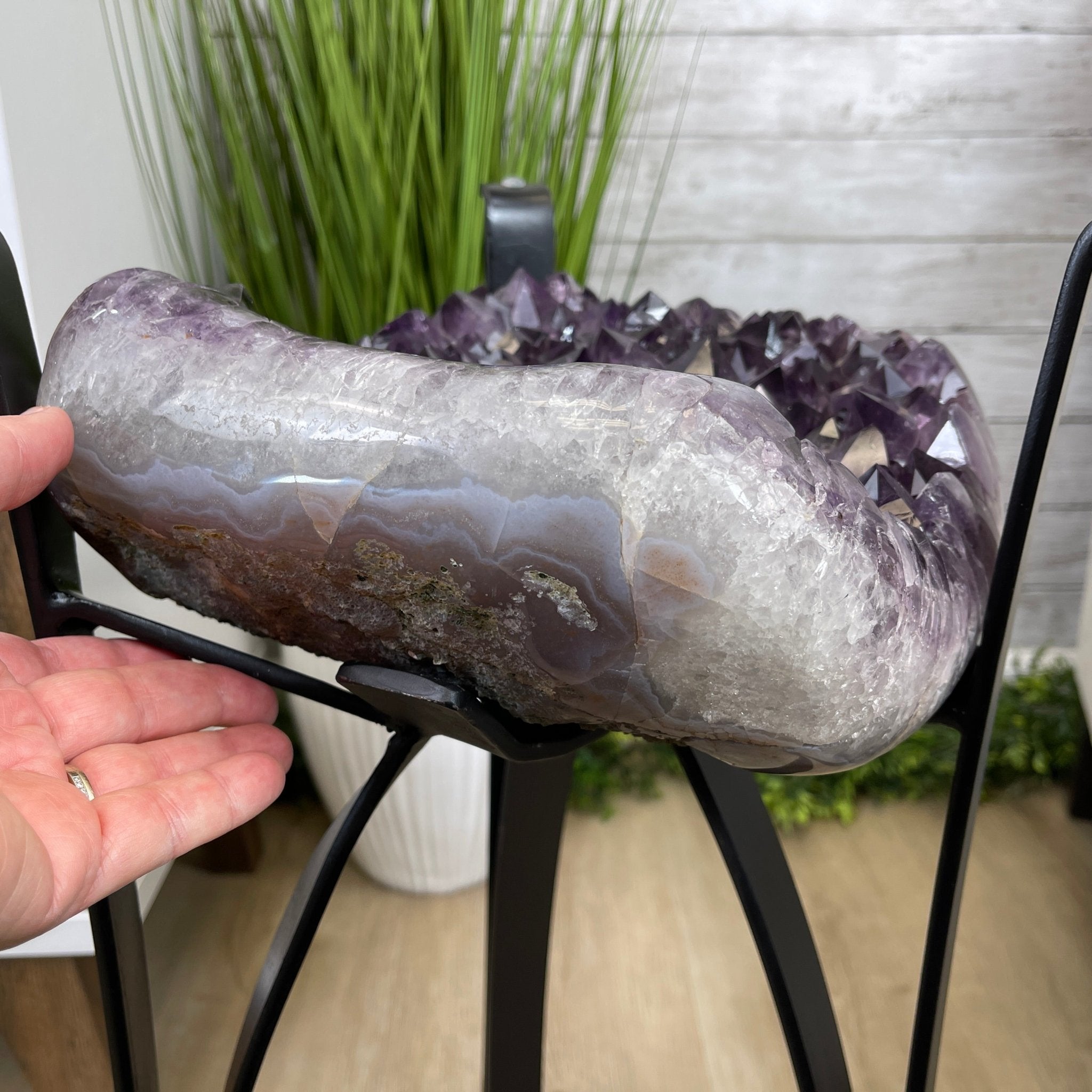 Extra Plus Brazilian Amethyst Geode Side Table, 35.7 lbs, 23.75" tall on a metal base #1384-0008 by Brazil Gems - Brazil GemsBrazil GemsExtra Plus Brazilian Amethyst Geode Side Table, 35.7 lbs, 23.75" tall on a metal base #1384-0008 by Brazil GemsTables: Side1384-0008