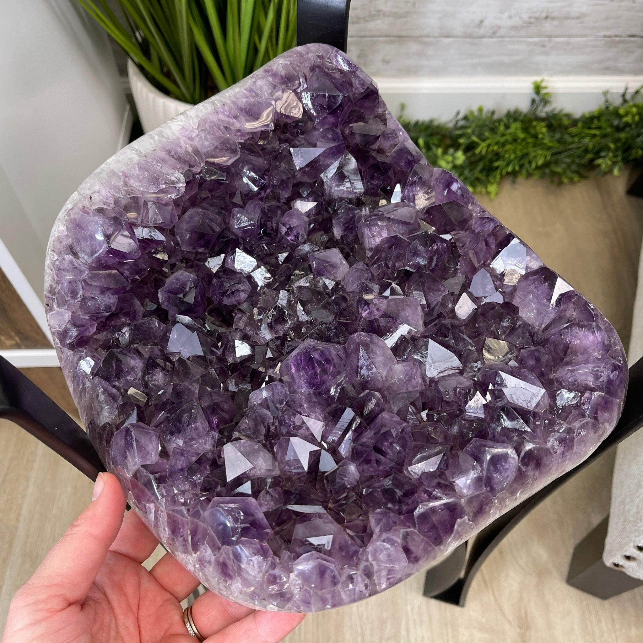 Extra Plus Brazilian Amethyst Geode Side Table, 35.7 lbs, 23.75" tall on a metal base #1384-0008 by Brazil Gems - Brazil GemsBrazil GemsExtra Plus Brazilian Amethyst Geode Side Table, 35.7 lbs, 23.75" tall on a metal base #1384-0008 by Brazil GemsTables: Side1384-0008