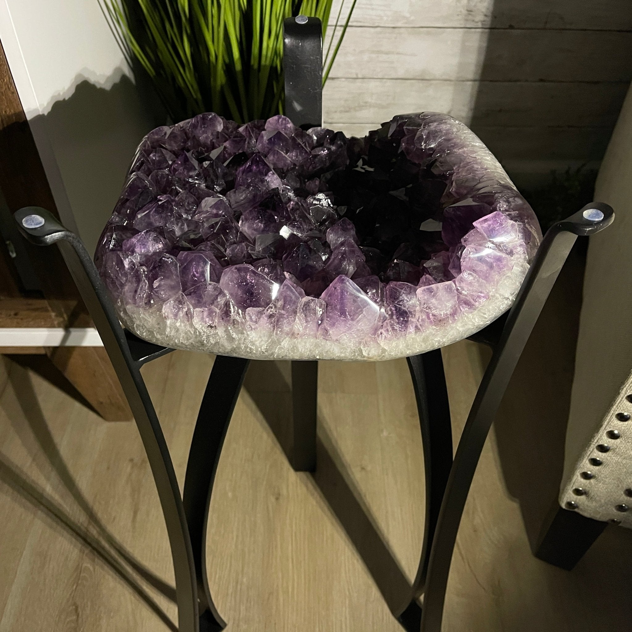 Extra Plus Brazilian Amethyst Geode Side Table, 35.7 lbs, 23.75" tall on a metal base #1384-0008 by Brazil Gems - Brazil GemsBrazil GemsExtra Plus Brazilian Amethyst Geode Side Table, 35.7 lbs, 23.75" tall on a metal base #1384-0008 by Brazil GemsTables: Side1384-0008