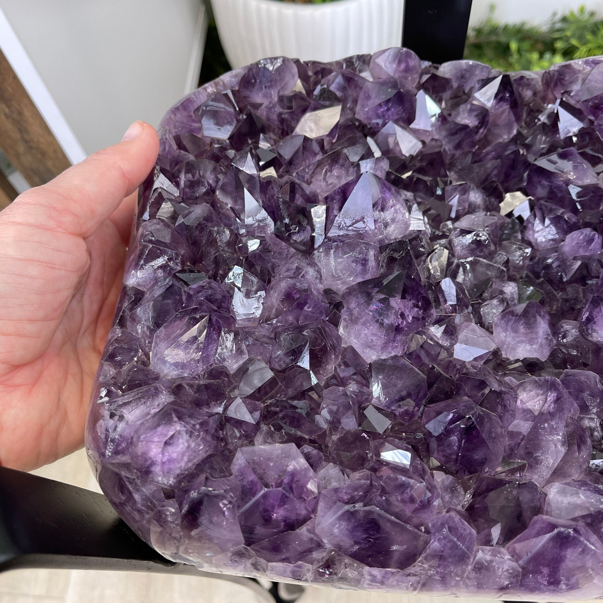 Extra Plus Brazilian Amethyst Geode Side Table, 35.7 lbs, 23.75" tall on a metal base #1384-0008 by Brazil Gems - Brazil GemsBrazil GemsExtra Plus Brazilian Amethyst Geode Side Table, 35.7 lbs, 23.75" tall on a metal base #1384-0008 by Brazil GemsTables: Side1384-0008