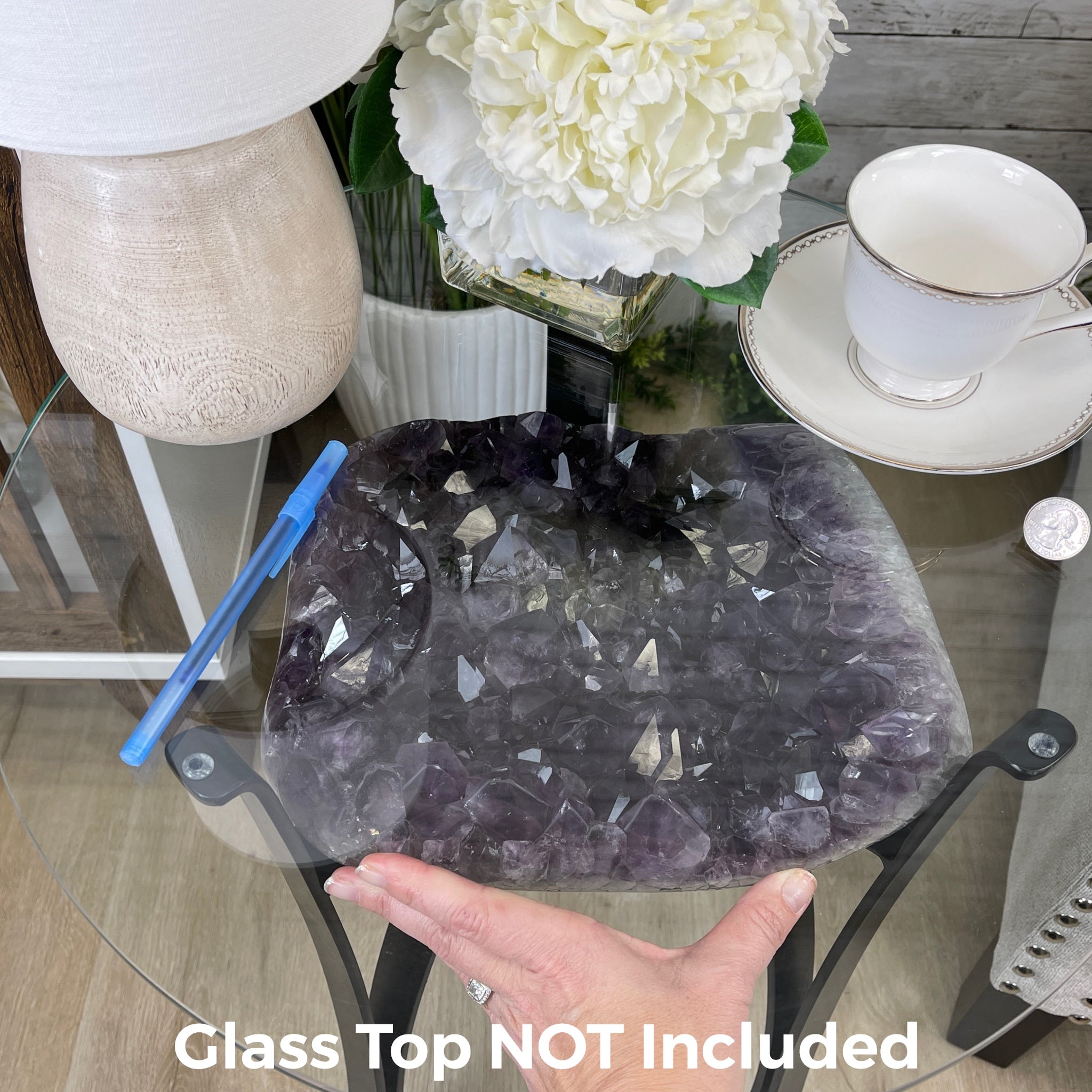 Extra Plus Brazilian Amethyst Geode Side Table, 35.7 lbs, 23.75" tall on a metal base #1384-0008 by Brazil Gems - Brazil GemsBrazil GemsExtra Plus Brazilian Amethyst Geode Side Table, 35.7 lbs, 23.75" tall on a metal base #1384-0008 by Brazil GemsTables: Side1384-0008