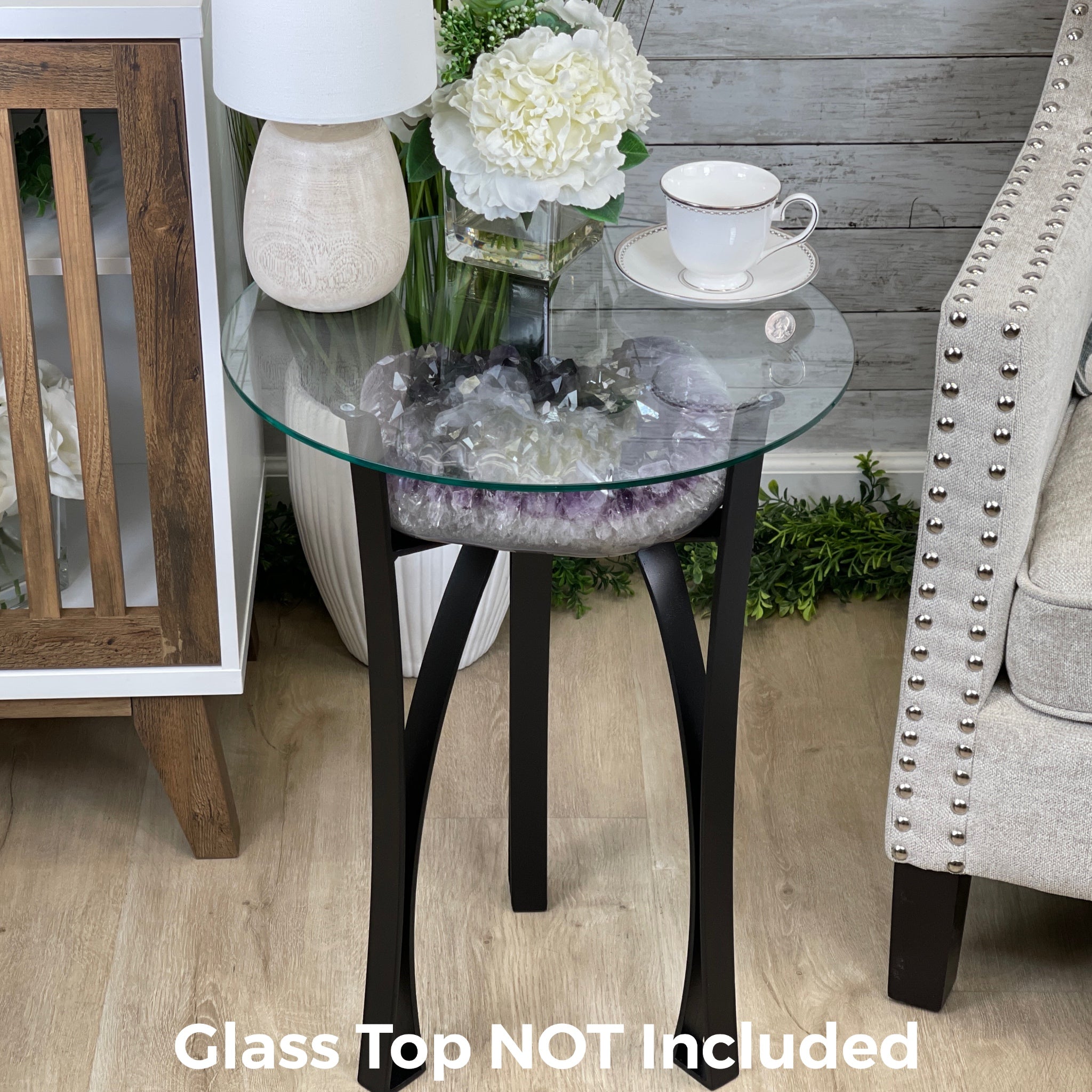 Extra Plus Brazilian Amethyst Geode Side Table, 35.7 lbs, 23.75" tall on a metal base #1384-0008 by Brazil Gems - Brazil GemsBrazil GemsExtra Plus Brazilian Amethyst Geode Side Table, 35.7 lbs, 23.75" tall on a metal base #1384-0008 by Brazil GemsTables: Side1384-0008