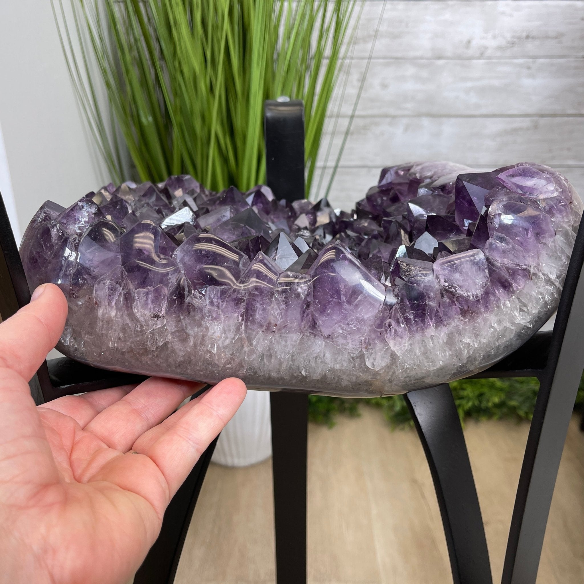 Extra Plus Brazilian Amethyst Geode Side Table, 35.7 lbs, 23.75" tall on a metal base #1384-0008 by Brazil Gems - Brazil GemsBrazil GemsExtra Plus Brazilian Amethyst Geode Side Table, 35.7 lbs, 23.75" tall on a metal base #1384-0008 by Brazil GemsTables: Side1384-0008