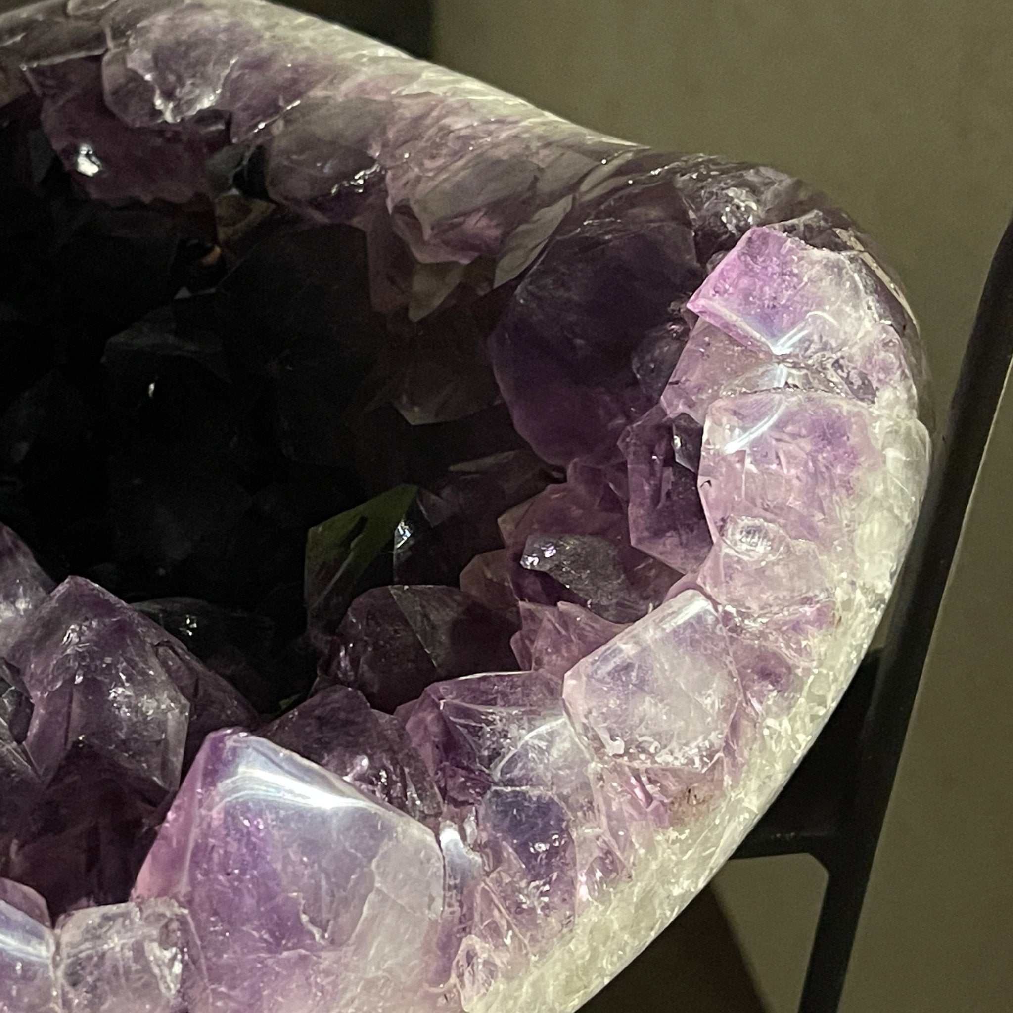 Extra Plus Brazilian Amethyst Geode Side Table, 35.7 lbs, 23.75" tall on a metal base #1384-0008 by Brazil Gems - Brazil GemsBrazil GemsExtra Plus Brazilian Amethyst Geode Side Table, 35.7 lbs, 23.75" tall on a metal base #1384-0008 by Brazil GemsTables: Side1384-0008