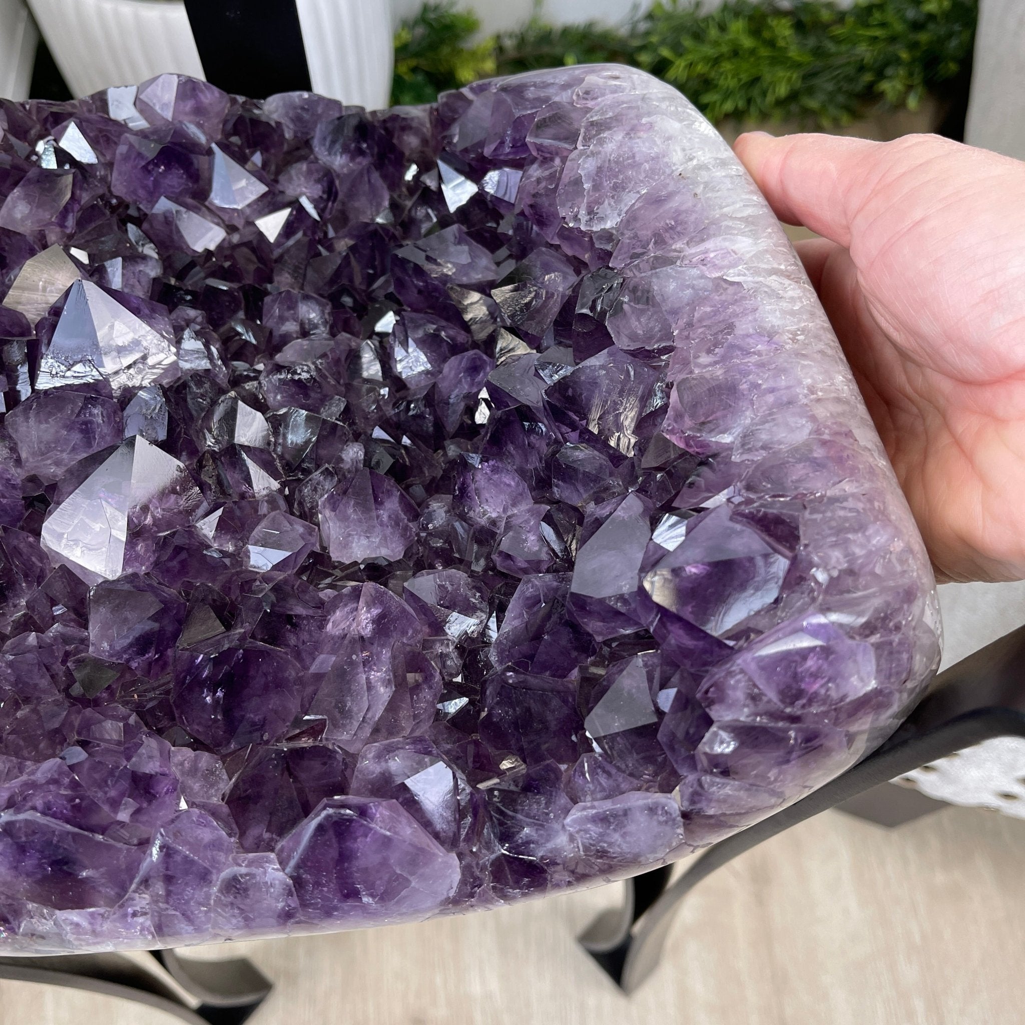 Extra Plus Brazilian Amethyst Geode Side Table, 35.7 lbs, 23.75" tall on a metal base #1384-0008 by Brazil Gems - Brazil GemsBrazil GemsExtra Plus Brazilian Amethyst Geode Side Table, 35.7 lbs, 23.75" tall on a metal base #1384-0008 by Brazil GemsTables: Side1384-0008