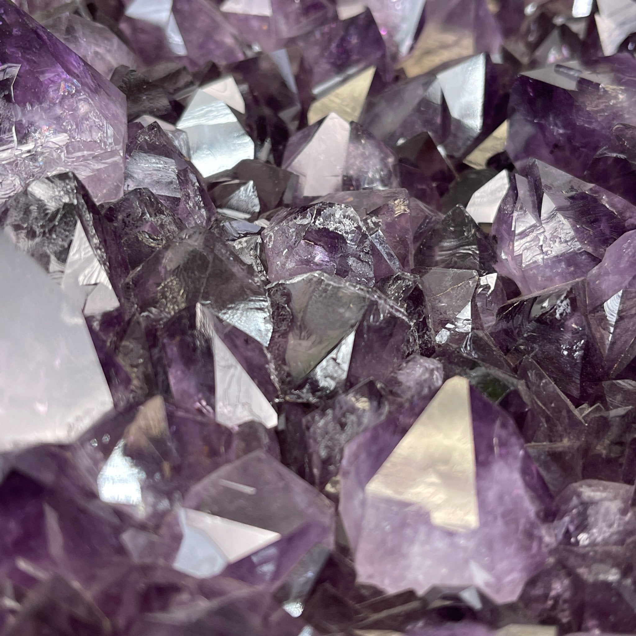 Extra Plus Brazilian Amethyst Geode Side Table, 35.7 lbs, 23.75" tall on a metal base #1384-0008 by Brazil Gems - Brazil GemsBrazil GemsExtra Plus Brazilian Amethyst Geode Side Table, 35.7 lbs, 23.75" tall on a metal base #1384-0008 by Brazil GemsTables: Side1384-0008