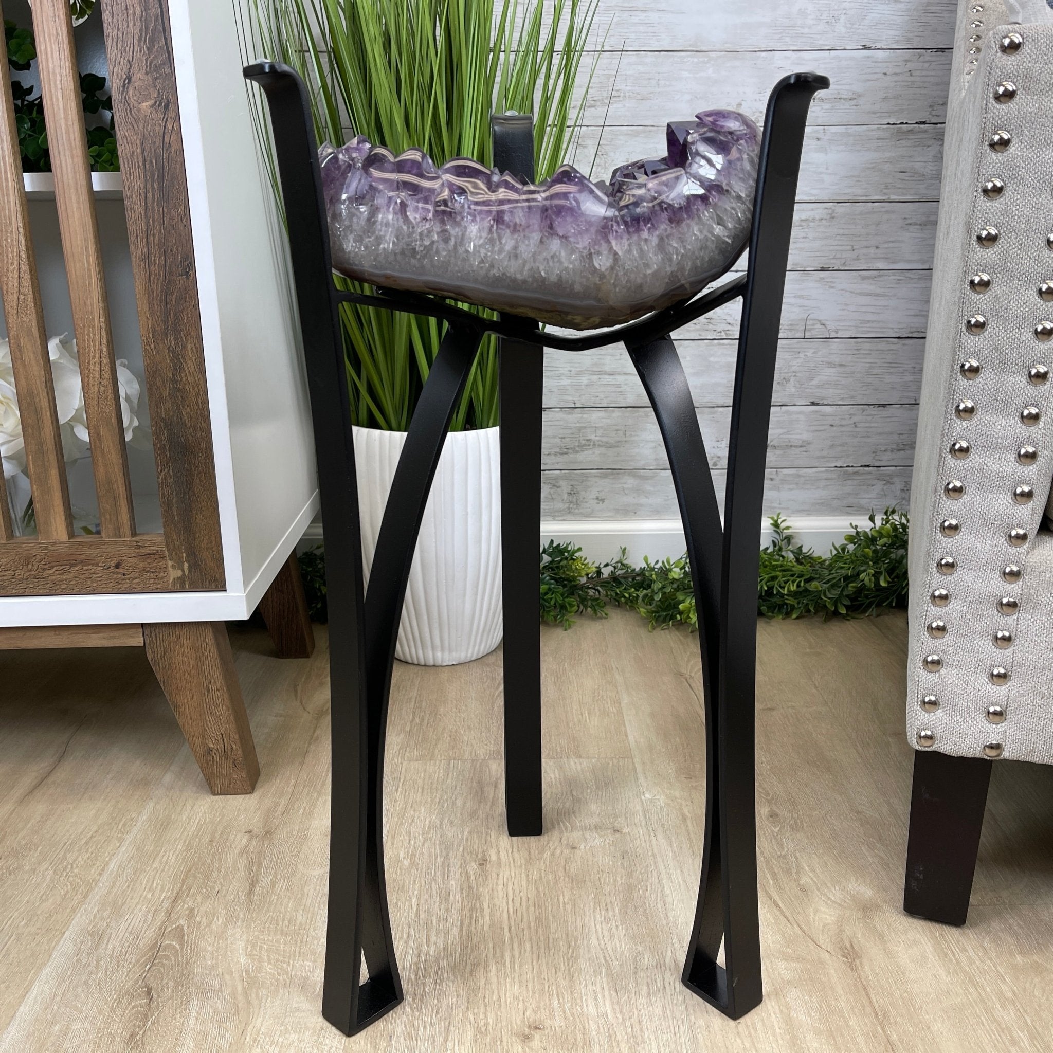 Extra Plus Brazilian Amethyst Geode Side Table, 35.7 lbs, 23.75" tall on a metal base #1384-0008 by Brazil Gems - Brazil GemsBrazil GemsExtra Plus Brazilian Amethyst Geode Side Table, 35.7 lbs, 23.75" tall on a metal base #1384-0008 by Brazil GemsTables: Side1384-0008