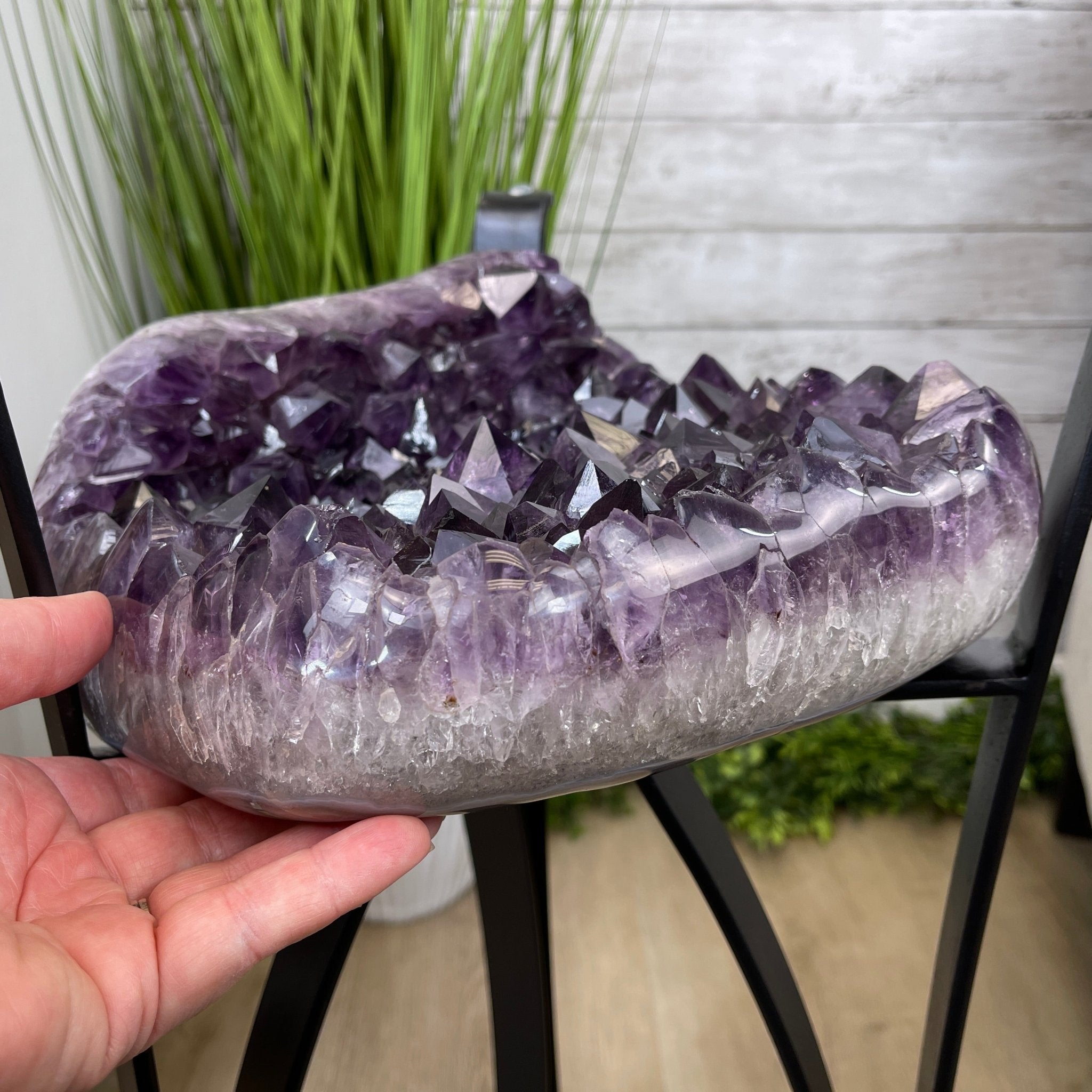 Extra Plus Brazilian Amethyst Geode Side Table, 35.7 lbs, 23.75" tall on a metal base #1384-0008 by Brazil Gems - Brazil GemsBrazil GemsExtra Plus Brazilian Amethyst Geode Side Table, 35.7 lbs, 23.75" tall on a metal base #1384-0008 by Brazil GemsTables: Side1384-0008