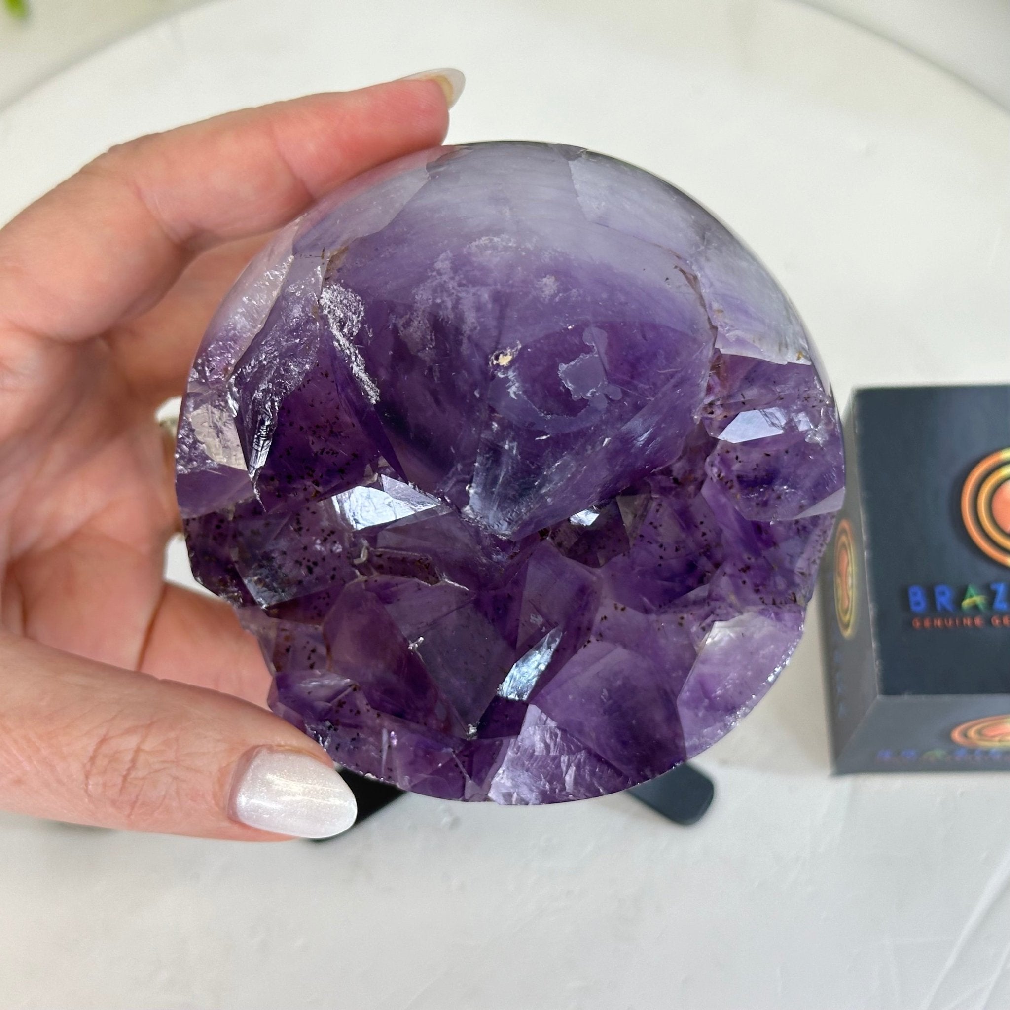 Extra Plus Druzy Amethyst Sphere on a Metal Stand, 2.3 lbs & 7.5" Tall #5630-0045 - Brazil GemsBrazil GemsExtra Plus Druzy Amethyst Sphere on a Metal Stand, 2.3 lbs & 7.5" Tall #5630-0045Spheres5630-0045