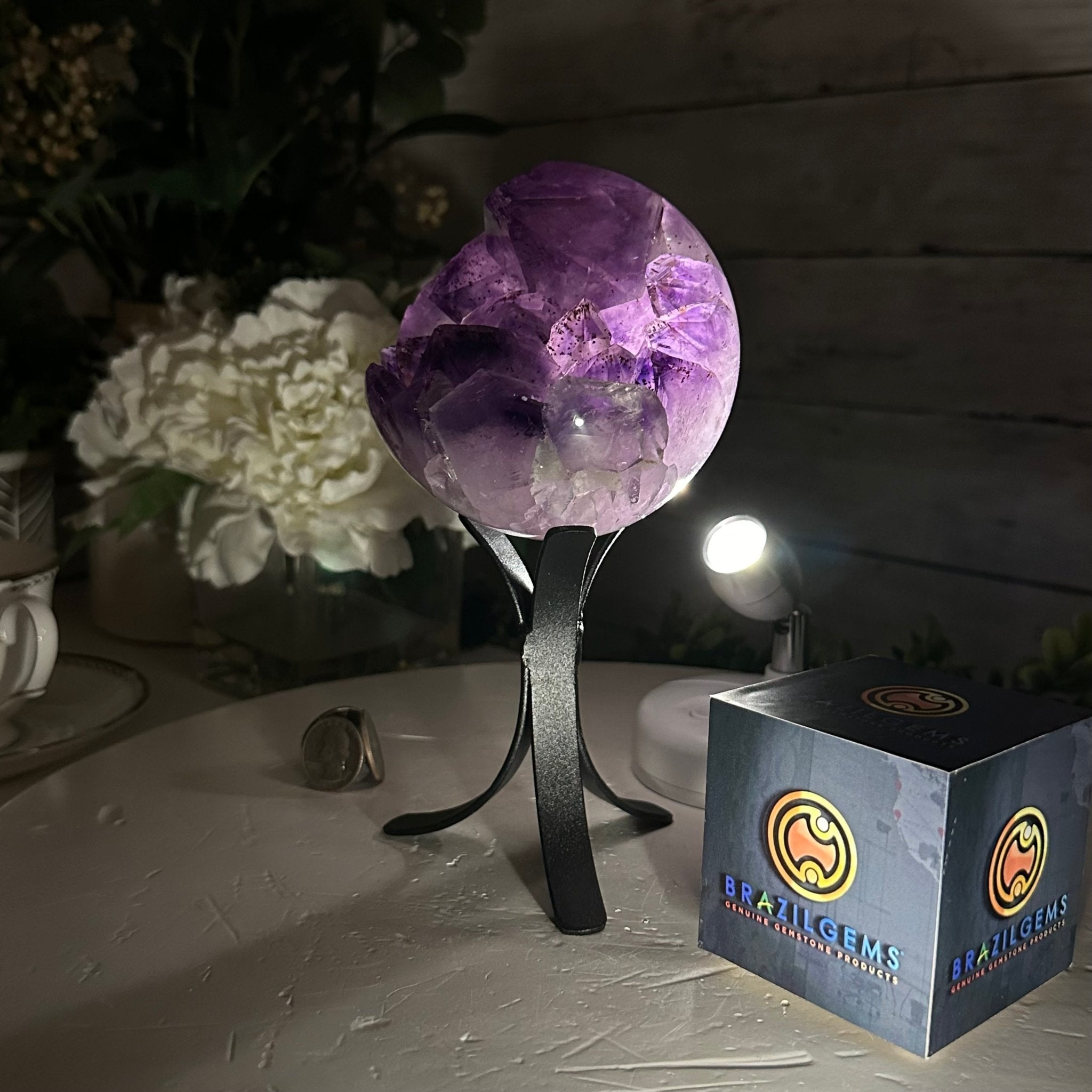 Extra Plus Druzy Amethyst Sphere on a Metal Stand, 2.3 lbs & 7.5" Tall #5630-0045 - Brazil GemsBrazil GemsExtra Plus Druzy Amethyst Sphere on a Metal Stand, 2.3 lbs & 7.5" Tall #5630-0045Spheres5630-0045